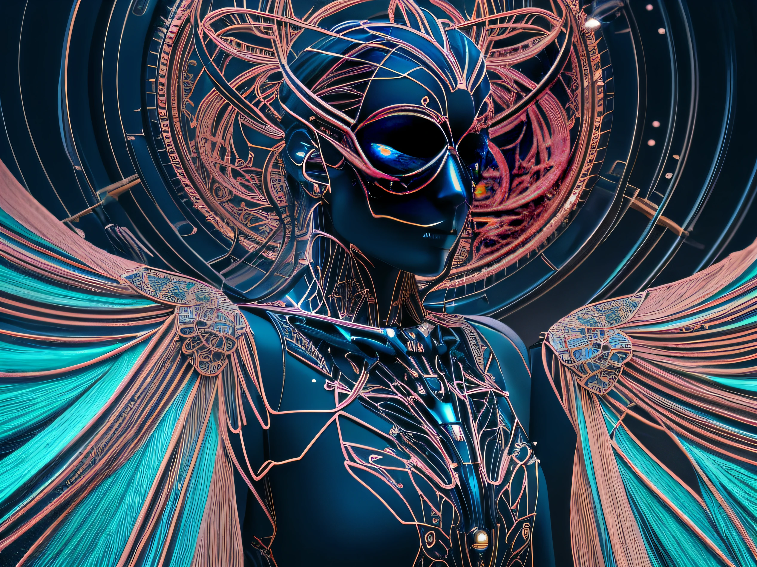 Intricate 3D Rendering Ultra Detailed Beautiful Angel of Death, Biomechanical Robot, Simulated 150mm Lens, Beautiful Natural Soft Rim Light, Neon Veins, Roots, Delicate Leaf Lace, Colorful Details, Boris Bidjan Saberi Costume, Pearl Earrings, Piercings , art nouveau fashion embroidery, intricate details, mesh lines, mandelbrot fractals, facial muscles, cables, microchips, thugs, surreal, octane, volumetric lighting, 8k and post production, red white with a bit Black, metal skull detail, half human figure, iridescent, Glenn Brown style, futuristic room, god power, high angle shot, complex body poses