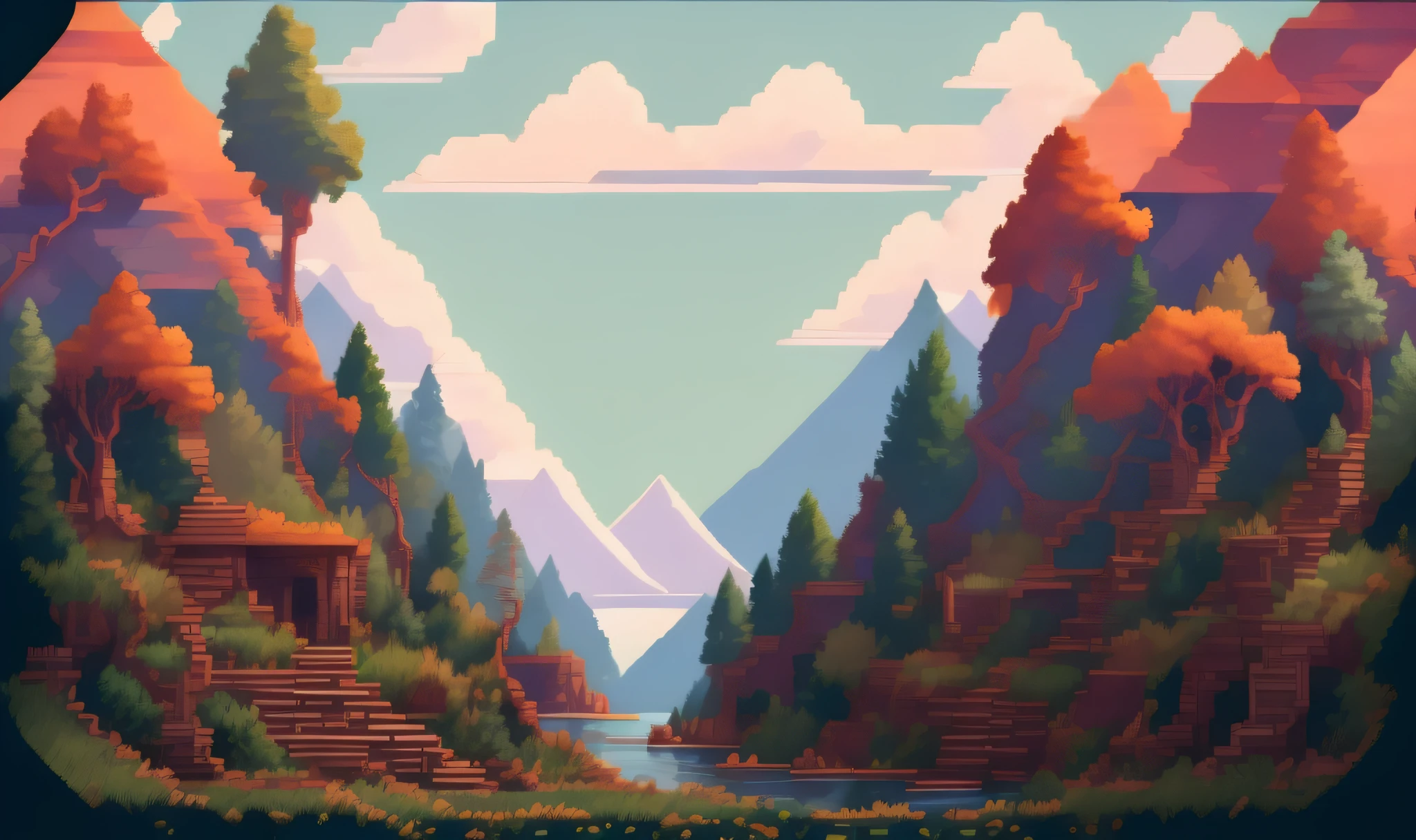 pixelart stylized environment forest city russian large city sunset at night , with people walking around, fine details, award winning image, highly detailed, 16k, cinematic perspective, ((video game environment concept art style)), pretty colors, asymmetrical camera composition, cinematic environment, cinematic movie atmosphere