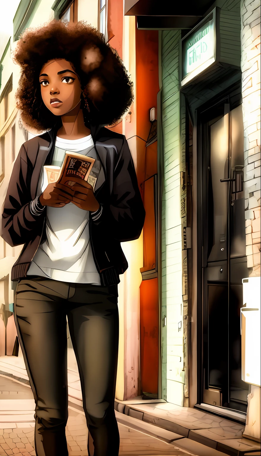 Young high school black girl standing in the middle of town, afro hair, funky