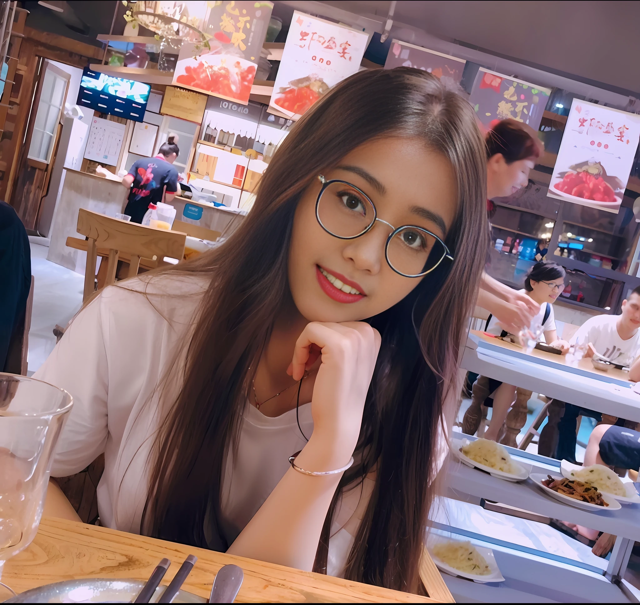 there is a woman sitting at a table with a plate of food, with glasses, wearing thin large round glasses, girl wearing round glasses, girl with glasses, li zixin, wearing small round glasses, with square glasses, handsome girl, asian girl with long hair, korean girl, with glasses on, young and cute girl, 8k selfie photograph