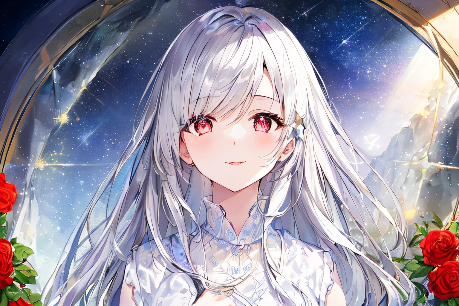 1girl, full body, denim photo, (Rembrandt), illustration, (masterpiece), (best quality), (ultra_detailed), finely detail, (Depth of field), , glove, long hair, star\ (symbol\), looking at viewer, (silver hair:1.2), red eyes, upper body, hair ornament, :p, frills, pink shirt, smile, sleeveless, shirt, idol, symbol-shaped pupils, hands up, brags smile, sleeveless, shirt, idol, symbol-shaped pupil, bangs, side up, star-shaped pupils, arms up, skirt pulling, roaring twenties, isometric, From above, the sky, the flowers, the cliffs,