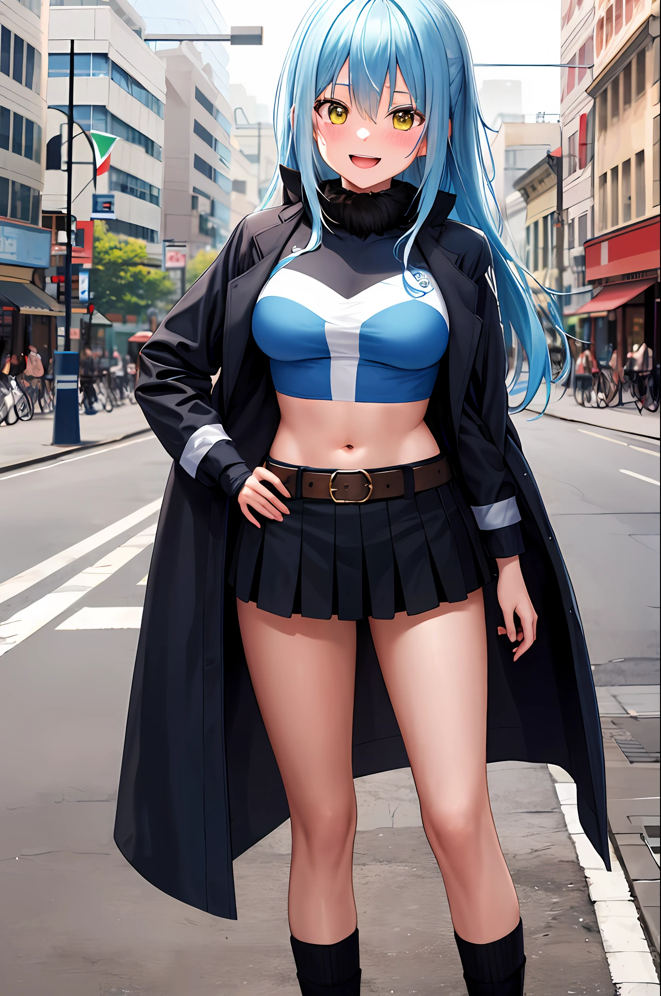 ((Holding indonesian flag)), masterpiece, best quality, highres, rimuru tempest, blue hair, long hair, medium breasts, jacket, modern crop top, cleveage, show stomach, belt, pleated skirt, cowboy shot, standing, looking at viewer, city road, outdoor, modern city road, blush, shy, smile, open mouth,