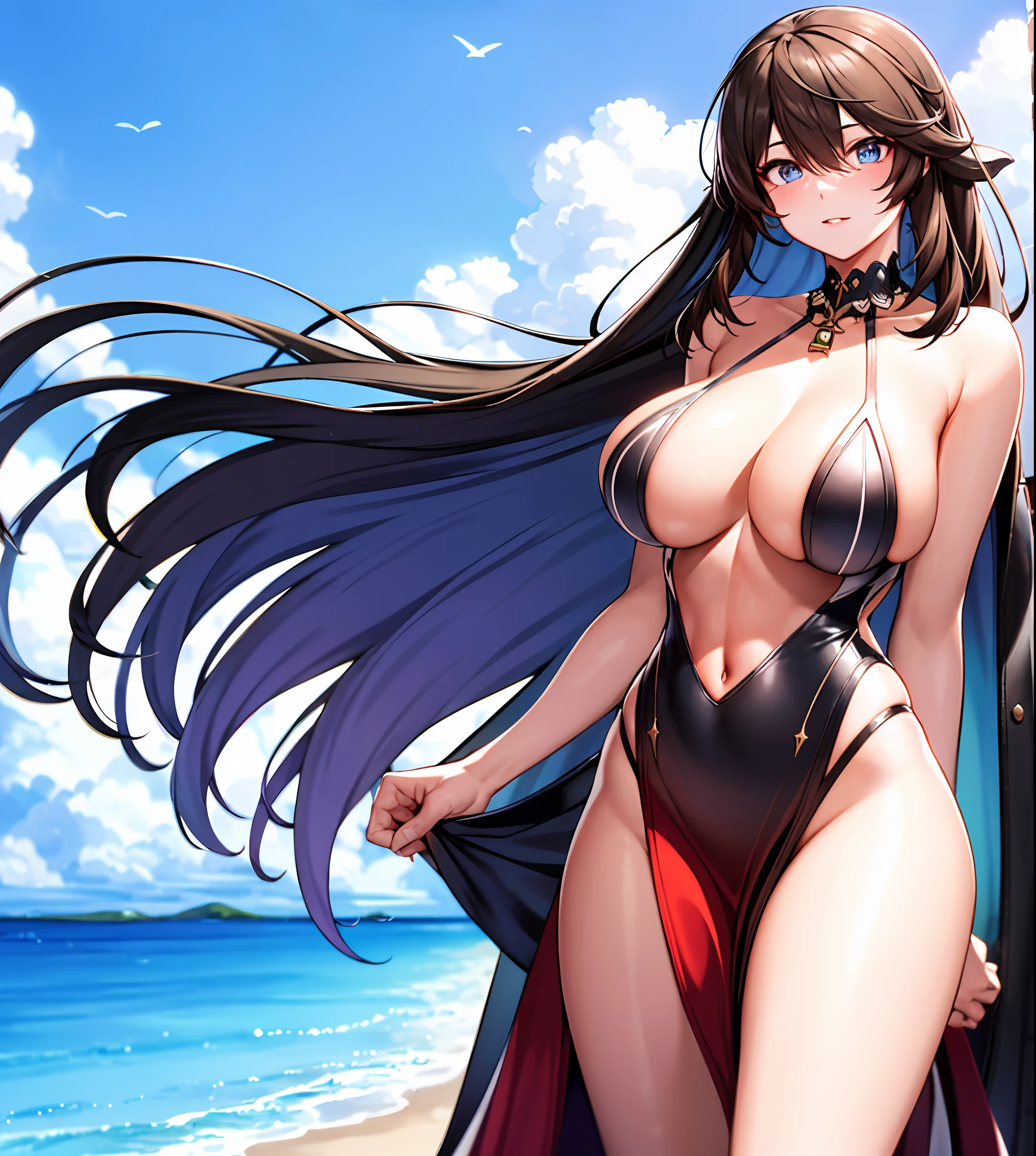 Swimsuit (Daytime, Excellent, 8K, Masterpiece:1.3)), Full body, Long legs, Focal length: 1.2, Perfect Body Beauty: 1.4, Slim Abs: 1.1, ((Dark Brown Hair, Big Breasts: 1.2 )), (Big Red Dress, Standing: 1.2), ((Sea, Blue Sky and White Clouds: 1.3)), Highly detailed facial and skin texture, Detailed eyes, Double eyelids, Flying long hair,