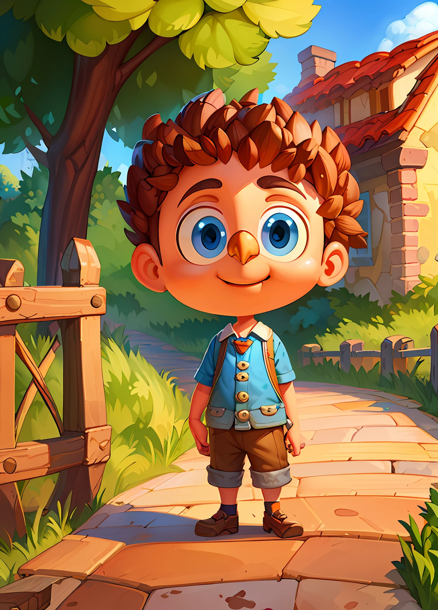 boy, big eyes, happy, next to his little owl friend, cartoon standing in front of a house, on top of the hill, blue sky, clouds, children's art in artstation, cartoon style illustration, stylized digital illustration, stylized art of the game, cartoon digital painting, illustration for children, little character portrait, children's book illustration, cute detailed digital art, adorable digital painting, cartoon digital painting art, single boy concept art, official illustration, illustration from the cover of the book. 4k, smiling boy next to owl, cartoon character, --auto