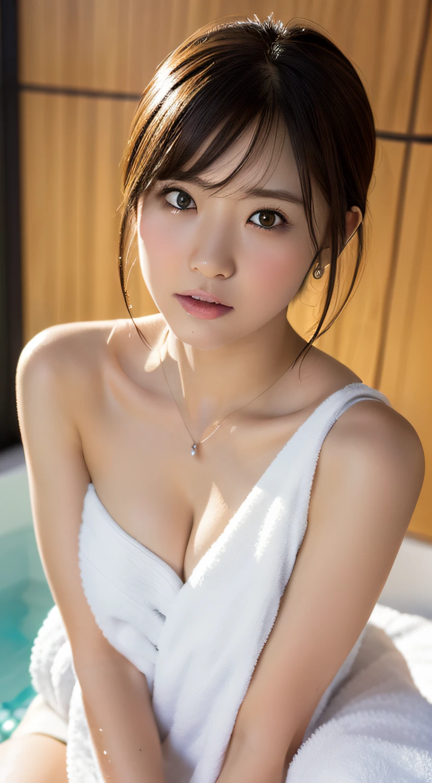 (8k, RAW photo, top quality, masterpiece: 1.2), ultra detail, super resolution, (real photo: 1.5), portrait, high definition RAW color photo, very detailed and beautiful, highly detailed, 8k wallpaper, amazing detail, huge file size, very detailed beautiful girl, highly detailed face, highly detailed eyes, highly detailed skin, highly detailed fingers, very detailed nose, highly detailed mouth, Detailed background, detailed clothes, 1 girl, 20s, cute girl, realistic body, (((E cup breasts)), ((((petite))), white skin, glowing skin, slim body, black hair, short hair, (dull bangs: 1.2), cute, youthful, cute face, realistic face, delicate eyes, sagging eyes, ((Nude body wrapped only one large white bath towel))), (Onsen))), (((No bra, No panty))), ((WET BODY)), ((bend over to hide breasts)), ((wet hair)), (legs spread))), (embarrassed expression), (frustrated expression), (puffed cheeks: 1.9), (cute gaze with a stunned feeling), ((sexy and dynamic pose)), see-through, necklace, earrings, looking at the camera, Dynamic Lighting