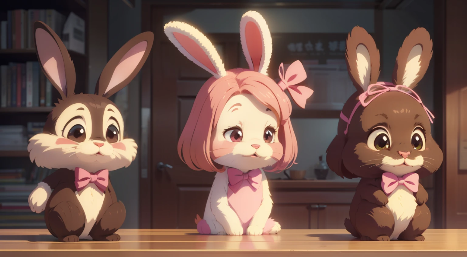 Cartoon anime, two-dimensional style, flat style, two furry cute little bunnies, one of which has a little bunny with a pink bow, happy expression, smile, round eyes