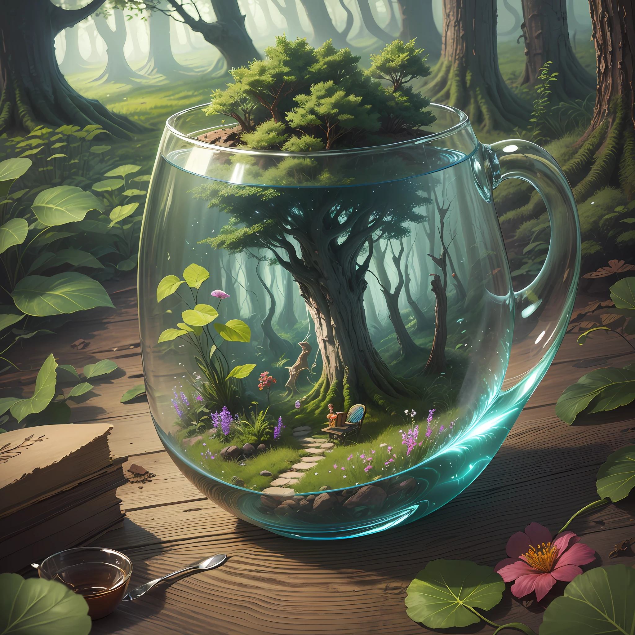 ((Fairytale fantasy forest inside a glass cup)) . Digital art. Digital painting. Very detailed. Vivid colors