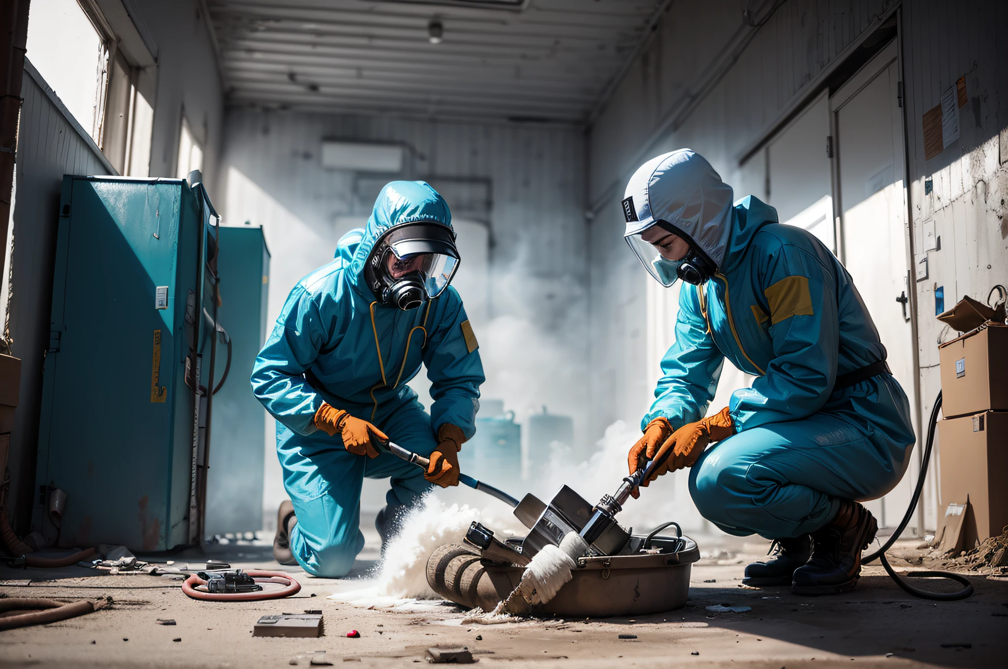 ((photo)), ((best quality)), ((masterpiece)), ((detailed)), an apocalyptic decontamination area with workers in blue hazmat suits cleaning the area with hoses and cleaning equipment.