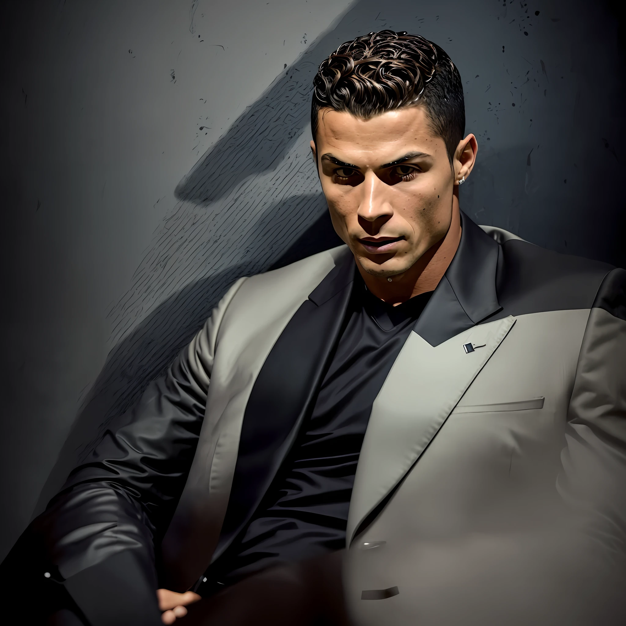A realistic photograph of Cristiano Ronaldo in a studio setting. Ronaldo is sitting in a dark brown leather armchair, wearing a flawless black suit. The focus is on Ronaldo's face, capturing every detail of his expression, his unique features and his intensity. The lighting is soft, highlighting the subtle shadows on his face and highlighting his piercing eyes. The surrounding environment is minimalist, with a neutral wall as a backdrop, allowing attention to focus entirely on Ronaldo. Photography, 50mm full-frame lens, --air 3:2 --v 5