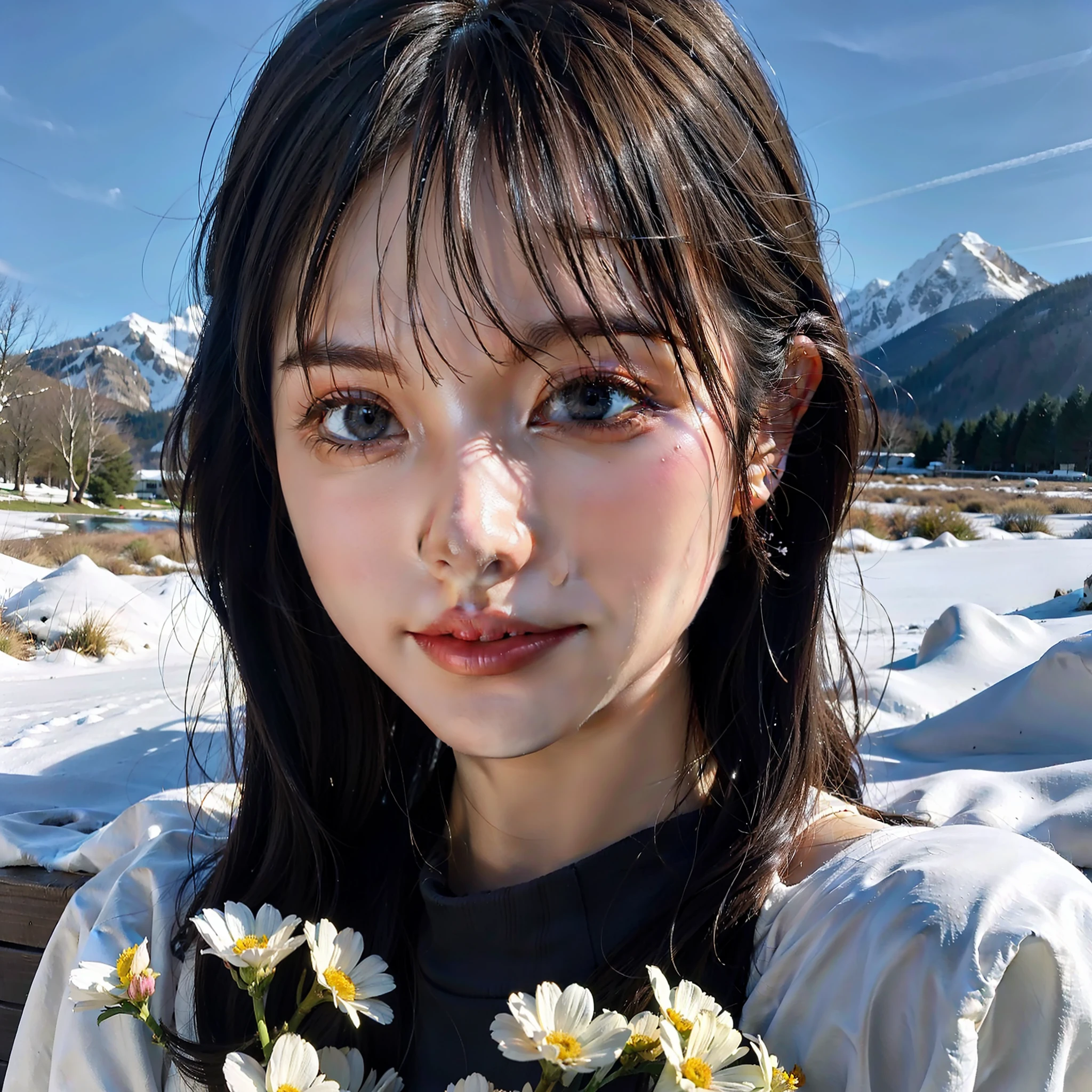 Summer, meadows, a few small flowers, clear lakes, sheep, heaven, large clouds, blue sky, hot weather, HD detail, hyper-detail, cinematic, surrealism, soft light, deep field focus bokeh, distant vistas are snowy mountains, ray tracing, and surrealism. --v6
