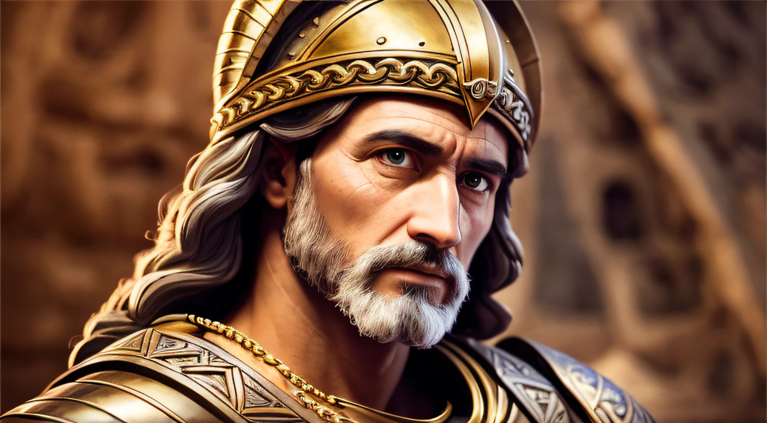 High quality: 16.9), cinematic shot, masterpiece, (sharp focus: 1.5), (photorealistic: 1.3), medium portrait of (David, King David, biblical character from the book of kings, Judeo, proud and fierce, now the leader of his village, dressed in elaborately detailed chain mail and leather armor, but carving the forms in crisp chiaroscuro), is night, (highly detailed skin),  (detailed face), detailed background, dark lighting, twilight lighting, volumetric lighting, complex details, UHD, --auto