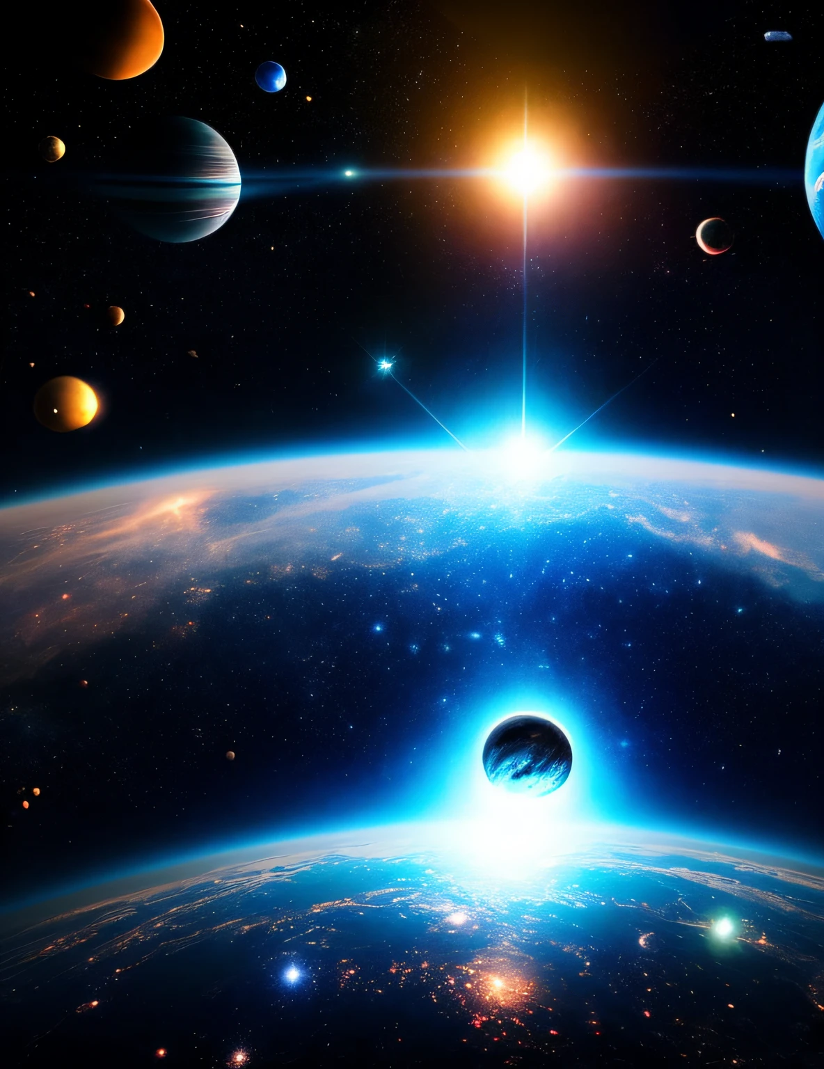 Galactic adventure in the middle of outer space, alien sitting on the floor looks at the space at the galaxies. orbs and stars in space night sharp focus rich in detail by steven spielberg james cameron george lucas sharp focus 8K resolution bokeh HDR Cinema 4D deviantart Unreal Engine 5 volumetric lighting futuristic galactic space"