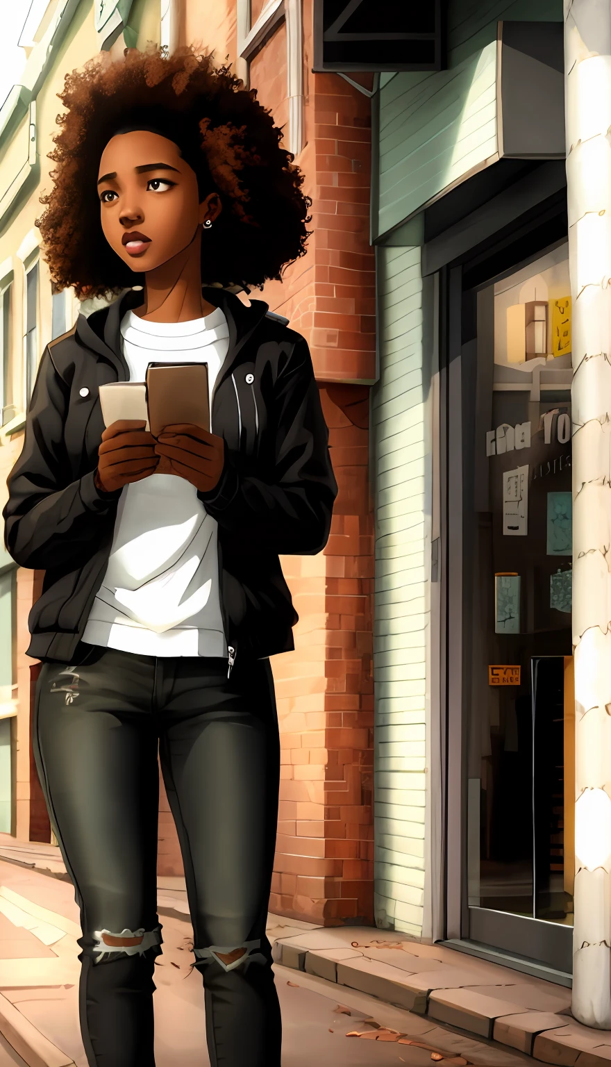 Young high school black girl standing in the middle of town, afro hair, funky