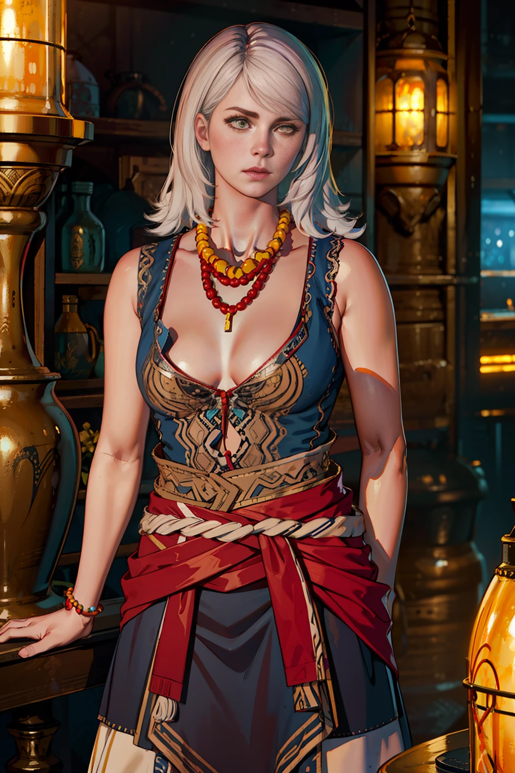(thin waist), kmzW3 girl, white hair, yellow eyes, dress, skirt, bead necklace, cleavage, Ultra-realistic 8K CG, masterpiece, ((ultra-detailed background, delicate pattern, intricate details)), best quality, intricate details, 1girl, solo, dim lighting