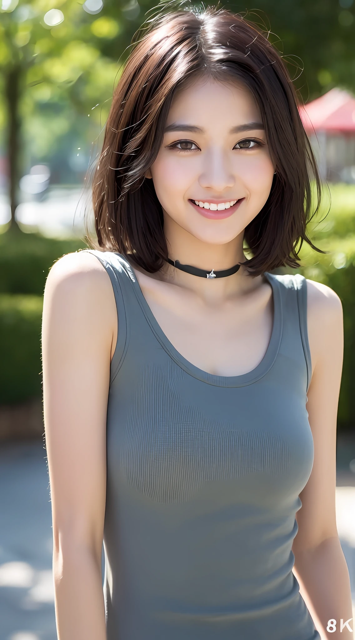 choker, eyes, eyeshadow, pupils, eyebrows, nose, lips, teeth, face, hair, long hair, 1girl, solo