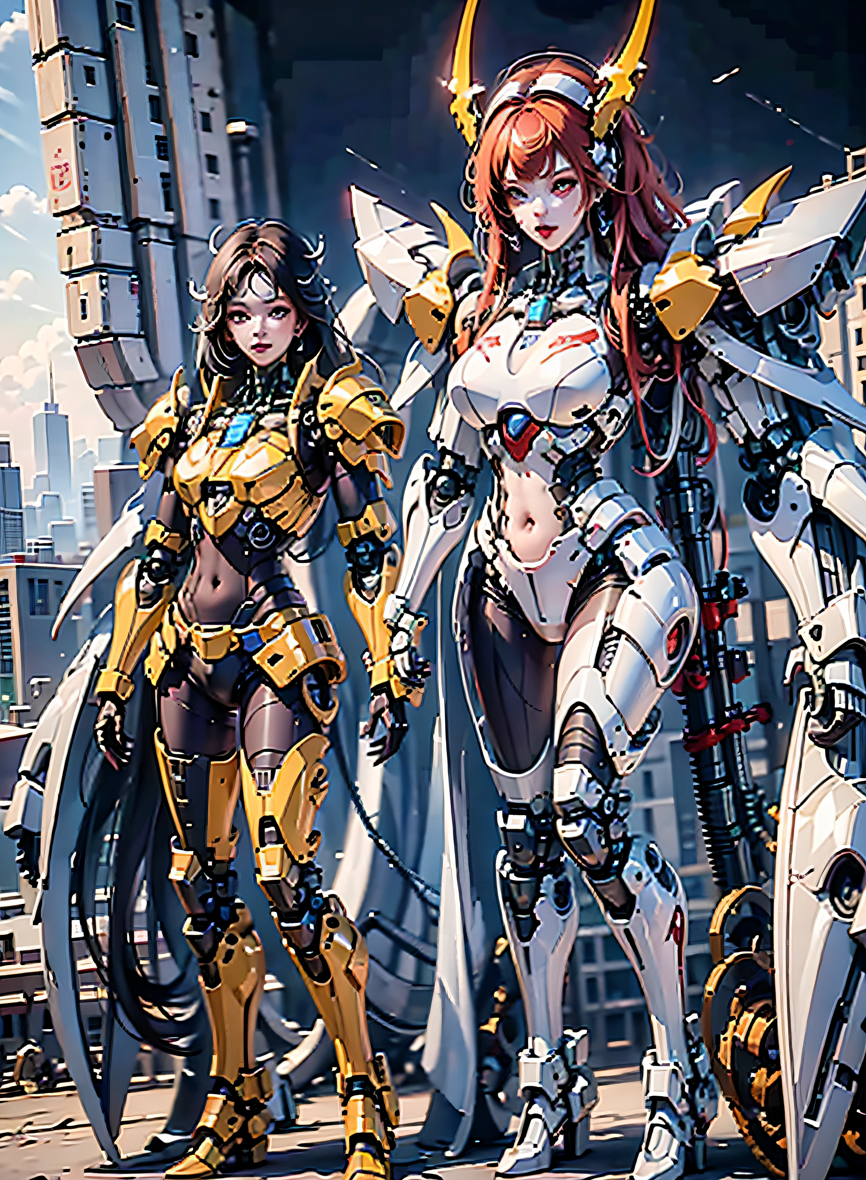 RAW, masterpiece, ultra thin photo, best quality, ultra high resolution, photorealistic, sunlight, full body portrait, incredibly beautiful, dynamic poses, sexy, delicate face, vibrant eyes, (red hair), she is using a futuristic orks engine, warhammer 40,000, gold red and yellow color scheme, highly detailed robot factory background, detailed face, detailed and complex busy background, messy, gorgeous, milky white, highly detailed skin, realistic skin details, visible pores, sharp focus, volumetric mist, 8k uhd, dslr camera, high quality, film grain, fair skin, photorealism, lomography, expanding metropolis in futuristic dystopia, view from below, translucent, cables connected to robots,