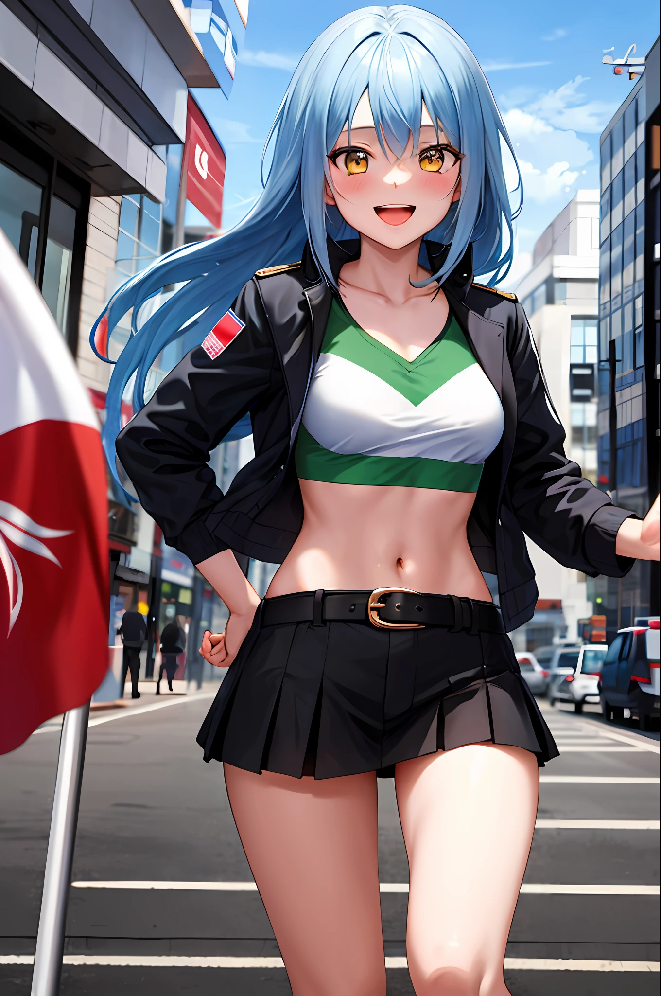 ((Holding indonesian flag)), holding flag, holding red white flag, masterpiece, best quality, highres, rimuru tempest, blue hair, long hair, medium breasts, jacket, modern crop top, cleveage, show stomach, belt, pleated skirt, cowboy shot, standing, looking at viewer, city road, outdoor, modern city road, blush, shy, smile, open mouth,