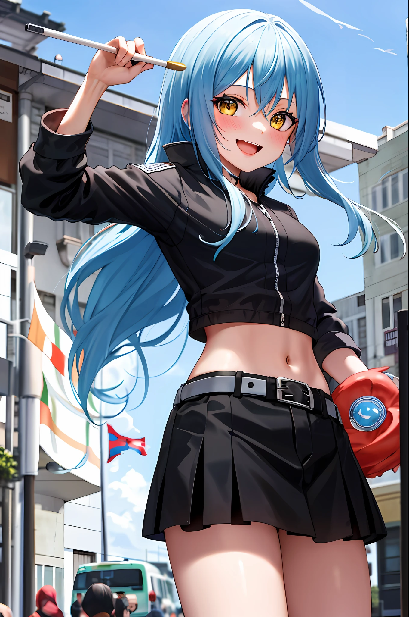 ((Holding indonesian flag)), holding flag, holding red white flag, masterpiece, best quality, highres, rimuru tempest, blue hair, long hair, medium breasts, jacket, modern crop top, cleveage, show stomach, belt, pleated skirt, cowboy shot, standing, looking at viewer, city road, outdoor, modern city road, blush, shy, smile, open mouth,