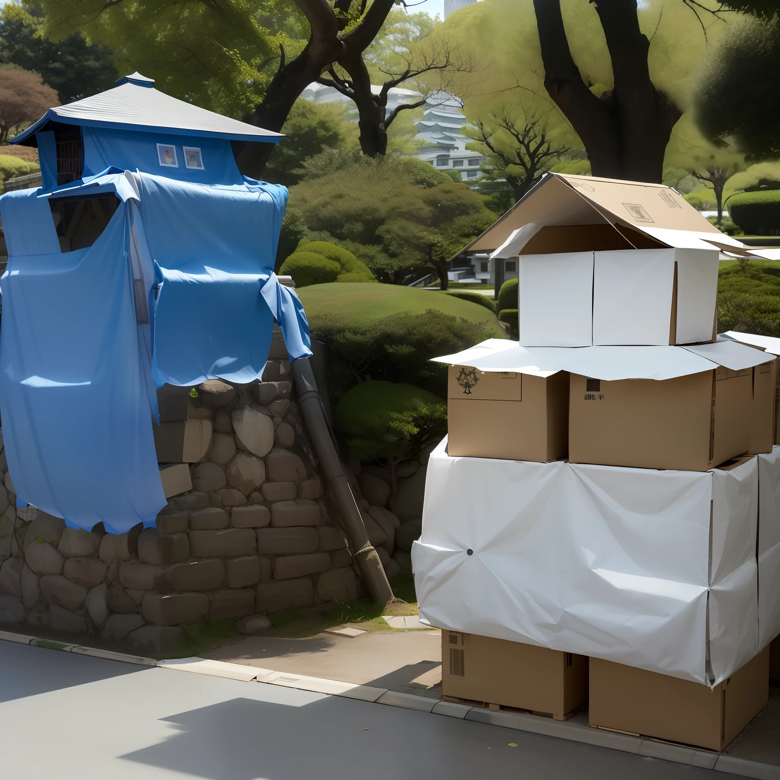 In the pouring rain in Tokyo, two handmade traditional Japanese castles stand high on pedestals on a street directly in front of the Japan National Diet Building, with its lush surrounding park. The castle on the right is the covered in cheap industrial blue tarp, where traditional white shapes are emerging. The castle on the left, constructed from pasted-together pieces of corrugated cardboard as Amazon box, is shaped like a keep. Both castles, displaying signs of discoloration and deterioration from weather exposure, all bathed in the soft light of the afternoon.