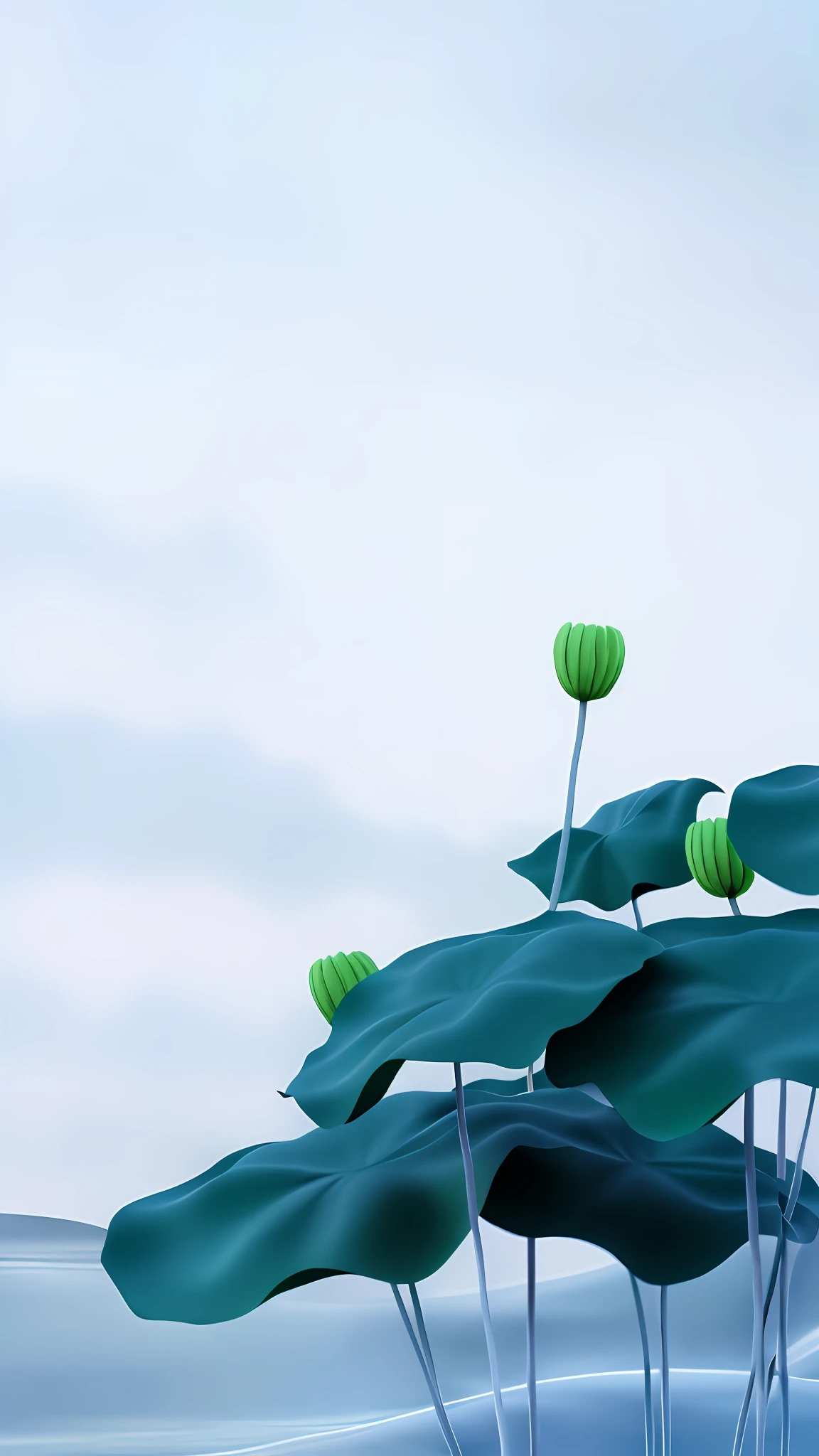 Pond with many green leaves, lotus on the water, green water lily mat, stylized 3d rendering, depicted as 3d rendering, lotus, low angle 8K HD nature photo, water lily mat, lotus, stylized vegetation, surreal Wises flower, pastel 3d rendering, rendered in blender --auto
