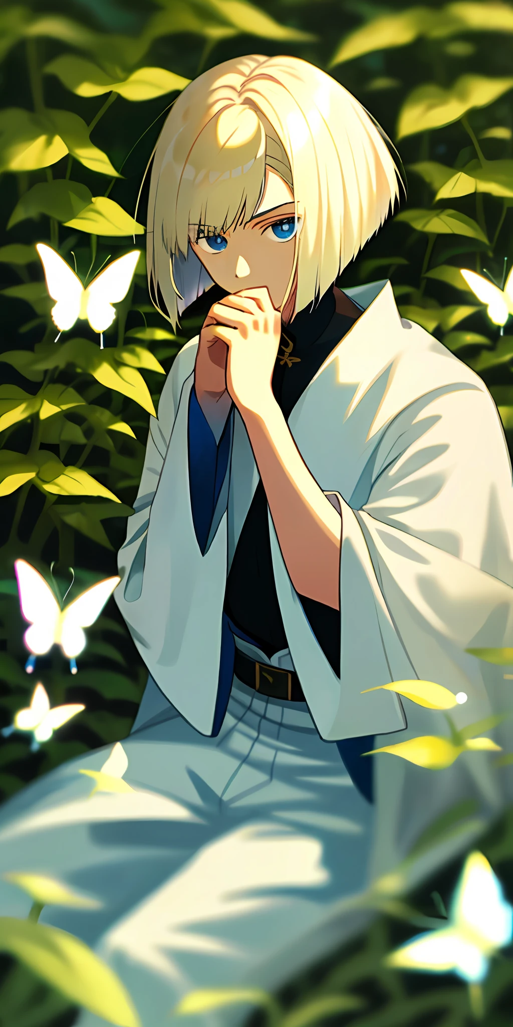 (masterpiece, best quality),1boy with platinum blonde hair sitting in a field of Red-leaved plants, his hand under her chin, bob cut, blue eyes, warm lighting, white costume, blurry foreground, butterflies