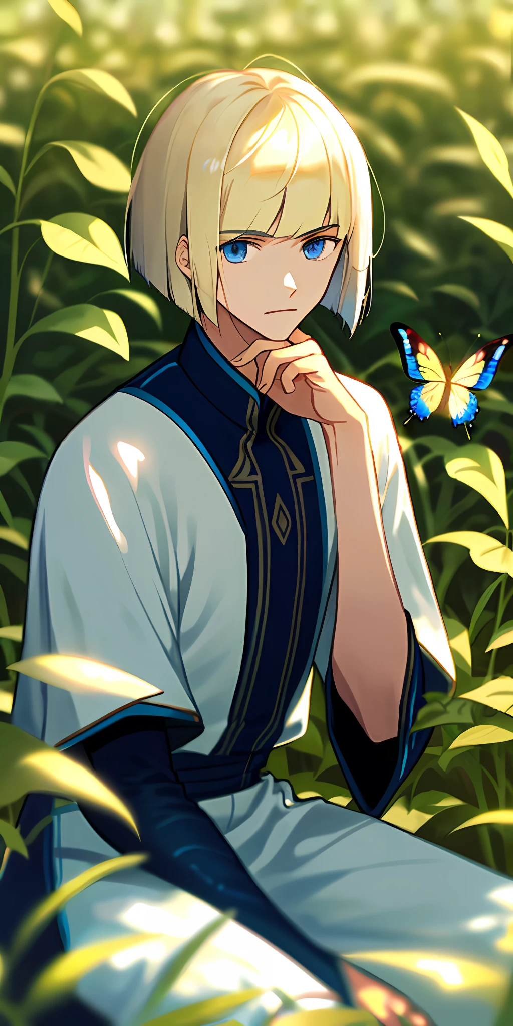 (masterpiece, best quality),1boy with platinum blonde hair sitting in a field of Red-leaved plants, his hand under her chin, bob cut, blue eyes, warm lighting, white costume, blurry foreground, butterflies