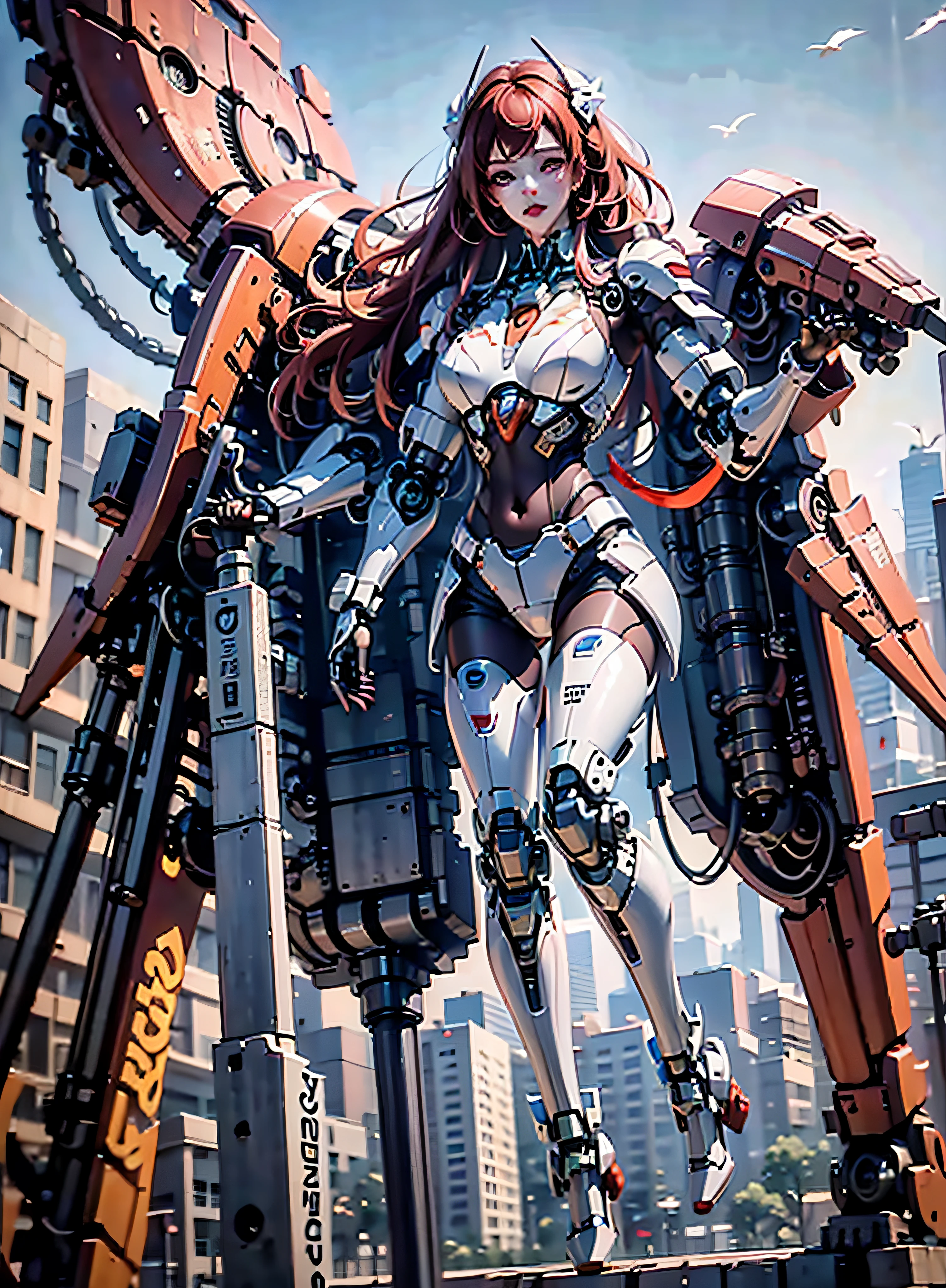 RAW, masterpiece, ultra thin photo, best quality, ultra high resolution, photorealistic, sunlight, full body portrait, incredibly beautiful, dynamic poses, sexy, delicate face, vibrant eyes, (red hair), she is using a futuristic orks engine, warhammer 40,000, gold red and yellow color scheme, highly detailed robot factory background, detailed face, detailed and complex busy background,  messy, gorgeous, milky white, highly detailed skin, realistic skin details, visible pores, sharp focus, volumetric mist, 8k uhd, dslr camera, high quality, film grain, fair skin, photorealism, lomography, expanding metropolis in futuristic dystopia, view from below, translucent, cables connected to robots,