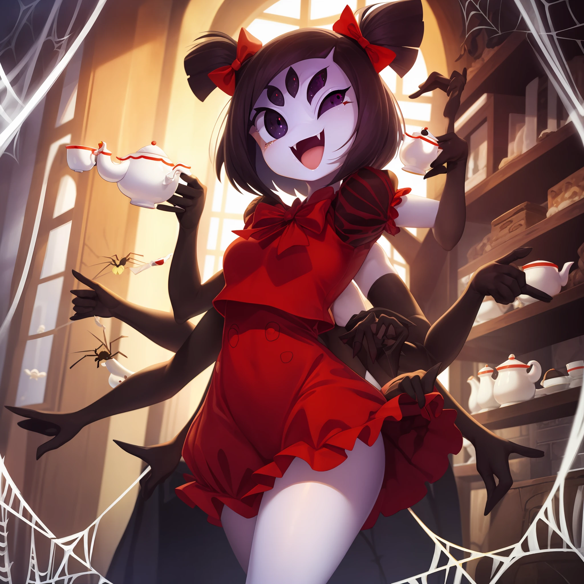 masterpiece, best quality, a beautiful and detailed portriat of muffet,(muffetwear), monster girl,((purple body:1.3)),humanoid, arachnid, anthro,((fangs)),pigtails,hair bows,5 eyes,spider girl,6 arms,solo,smile, clothed, open mouth, awesome and detailed background, holding teapot, holding teacup, 6 hands,detailed hands,((spider webs:1.4)), storefront that sells pastries and tea,bloomers,(red and black clothing),inside,pouring into teacup,wide angle lens, ((fish eye effect)) ,armwear