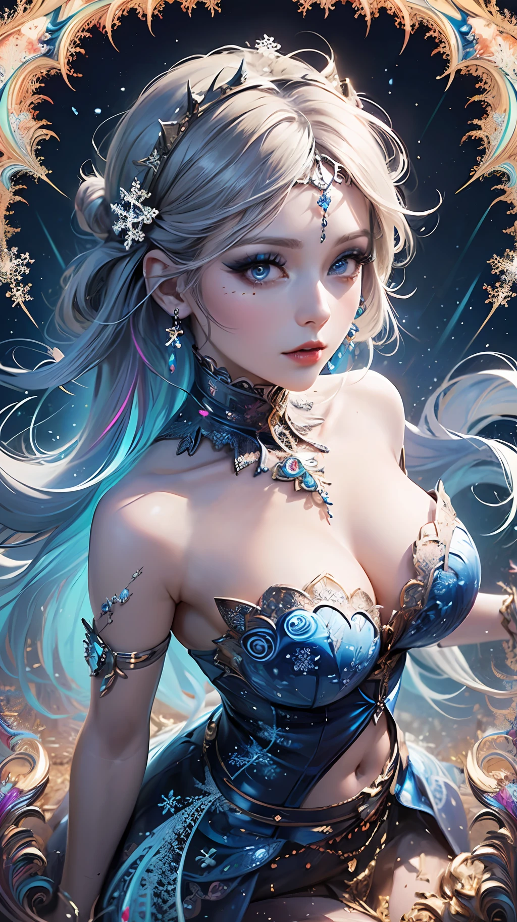 Masterpiece, fantasy art, extremely detailed, (overhead view, fisheye view:1.2), vivid colors, 1 girl, ice goddess, stunning beauty, (big sapphire eyes:1.1), (hair ornament:1.3), (beautiful eyes and face makeup:1.3), open shoulder, cleavage, (lace long dress:1.2), see through fabric, intricate background, (fractal art:2), (snowflakes:1.3)