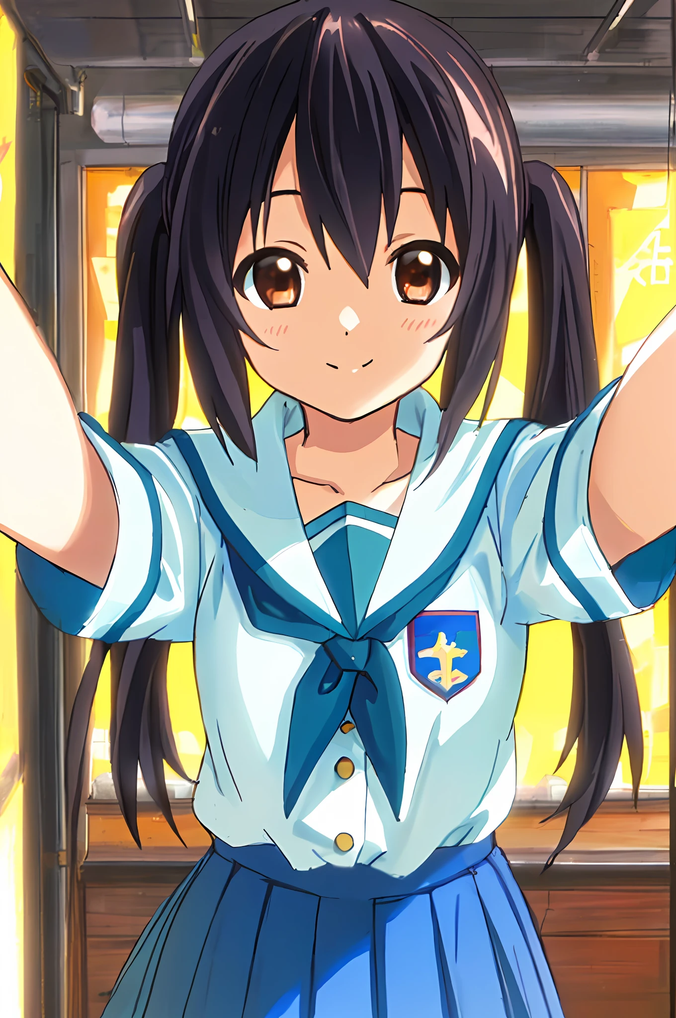 1girl, ((((Masterpiece))), Best Quality, Best Quality, High Detail, Azusa Nakano, 1girl, Sakuragaoka High School Uniform, Musical Instrument, School Uniform, Twin Tails, Long Hair, Black Hair, Brown Eyes, Solo, Red, Dark blue blazer with a thin ribbon of red, Solid white button shirt under blazer, Illustration, Cartoon, Soothing tones, Muted colors, Soft cinematic light, Adobe Lightroom, Photo Lab, HDR, complex and highly detailed, (((depth of field))))). (((Masterpiece))). (((highest quality))).) ((super detail))). (((Illustration))). (((Arms outstretched))). (((Proud))). ((((Gentle smile))).