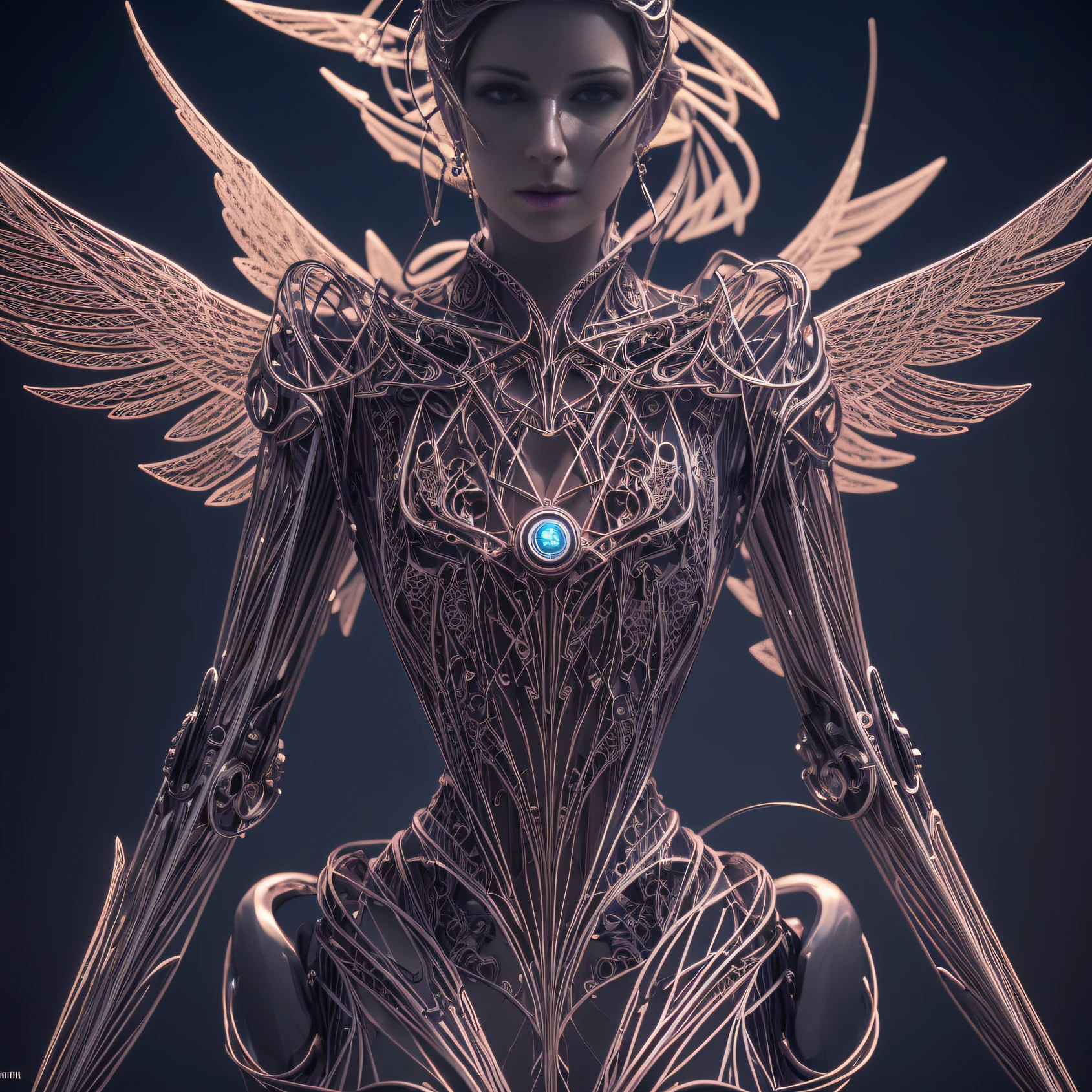 Intricate 3D Rendering Ultra Detailed Beautiful Angel of Death, Biomechanical Robot, Simulated 150mm Lens, Beautiful Natural Soft Rim Light, Neon Veins, Roots, Delicate Leaf Lace, Colorful Details, Boris Bidjan Saberi Costume, Pearl Earrings, Piercings , art nouveau fashion embroidery, intricate details, mesh lines, mandelbrot fractals, facial muscles, cables, microchips, thugs, surreal, octane, volumetric lighting, 8k and post production, red white with a bit Black, metal skull detail, half human figure, iridescent, Glenn Brown style, futuristic room, god power, high angle shot, complex body poses