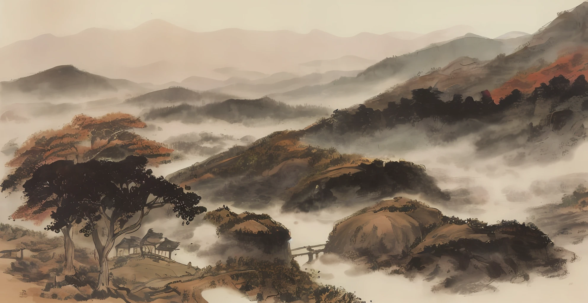 Traditional Chinese ink painting, mist, mountains in the background of fog, babbling streams, faintly boats passing by, trees overgrown, grass abundant, autumn breeze bleak, deep in the mountains faintly wafting the smoke of thatched huts