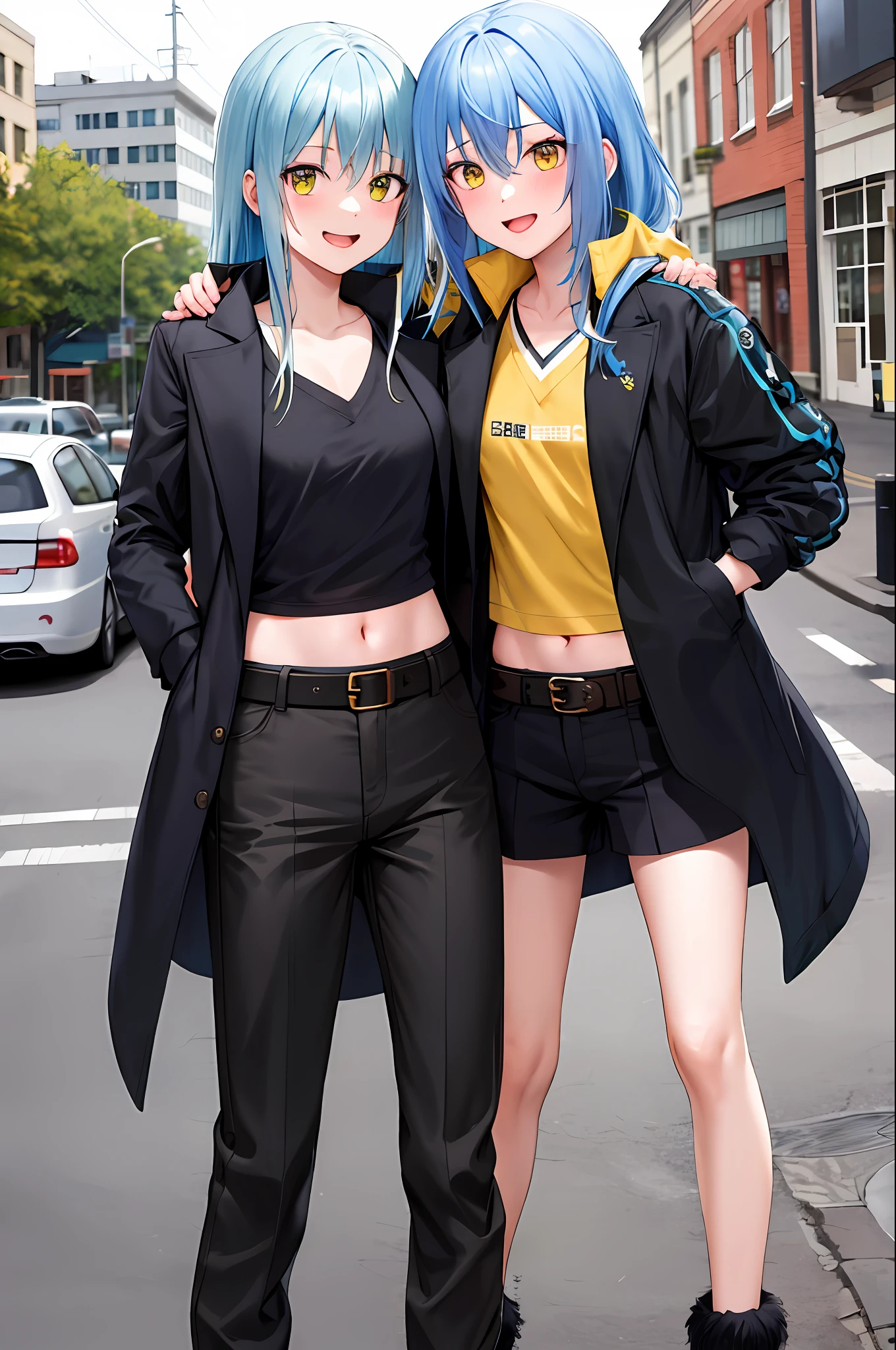 masterpiece, best quality, highres, rimuru tempest, blue hair, long hair, medium breasts, black jacket, modern crop top, v neck shirt, black long jacket, black long coat cleveage, show stomach, belt, pleated skirt, cowboy shot, standing, looking at viewer, city road, outdoor, modern city road, blush, shy, smile, open mouth,