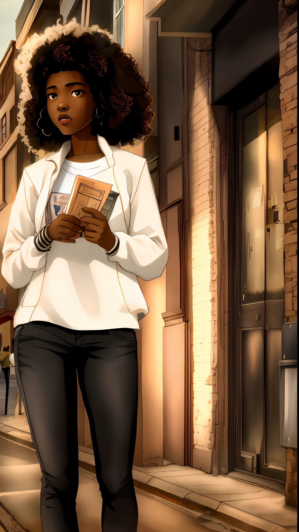 Young high school black girl standing in the middle of town, afro hair, funky