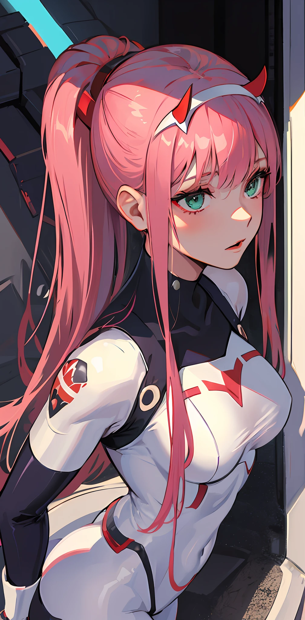 zero two \(darling in franxx\), darling in franxx, 1girl, side, bangs, shadow, green eyes, hair behind head, horns, long hair, makeup, small breasts, pilot suit, white bodysuit, pink hair, red eyeshadow, science fiction, tight skin, solo