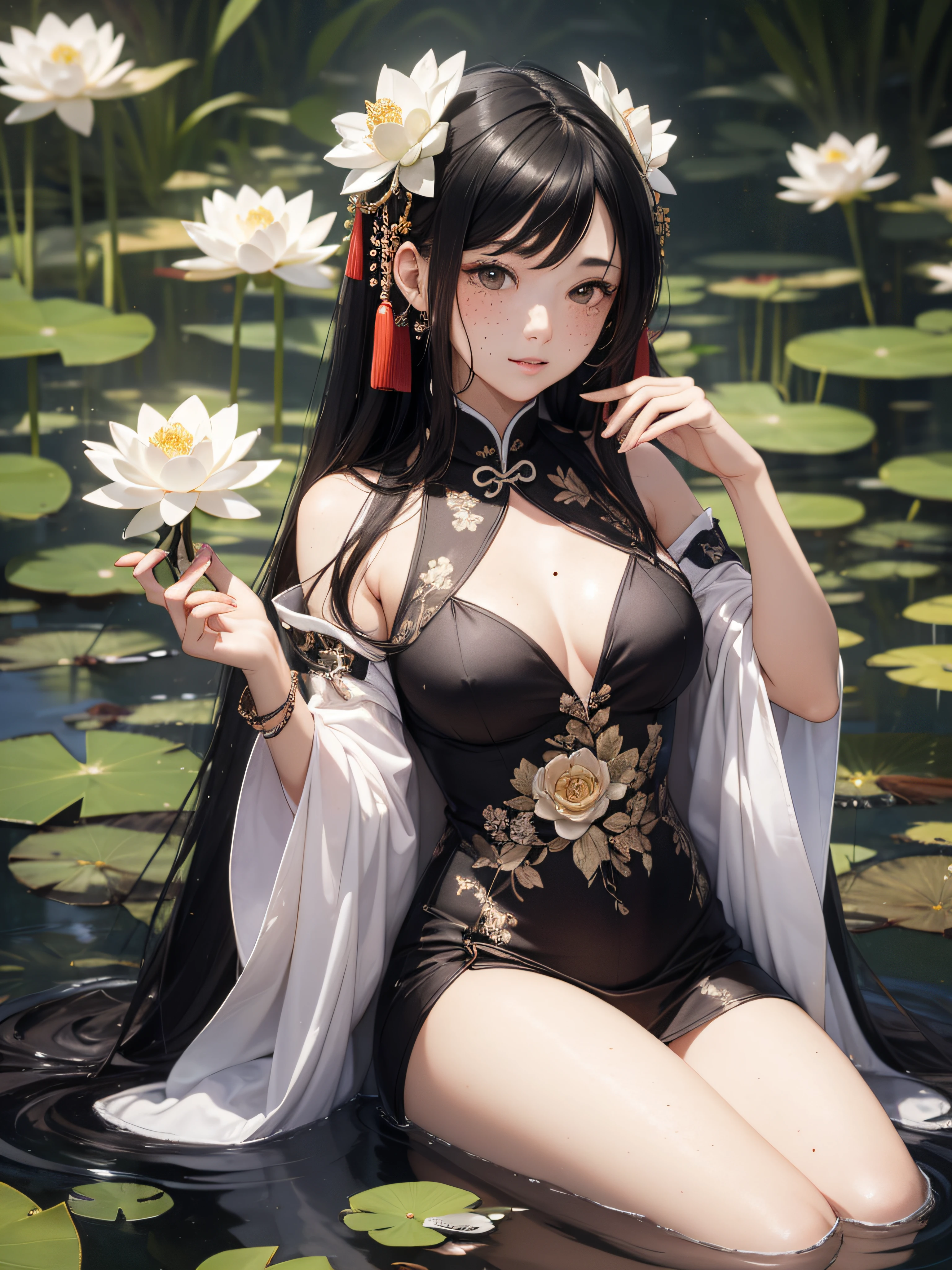Masterpiece, realistic, beautiful payback princess with ultra-long hair in Chinese style black hair wearing a thin beautiful feather robe in a lotus pond shining in the moonlight, looking down at the viewer with dim eyes, large hair ornament in the shape of a Chinese lotus, 20 years old, dull eyes, photorealistic, ideal hair luster, full body, freckles, black hair fluttering in strong wind