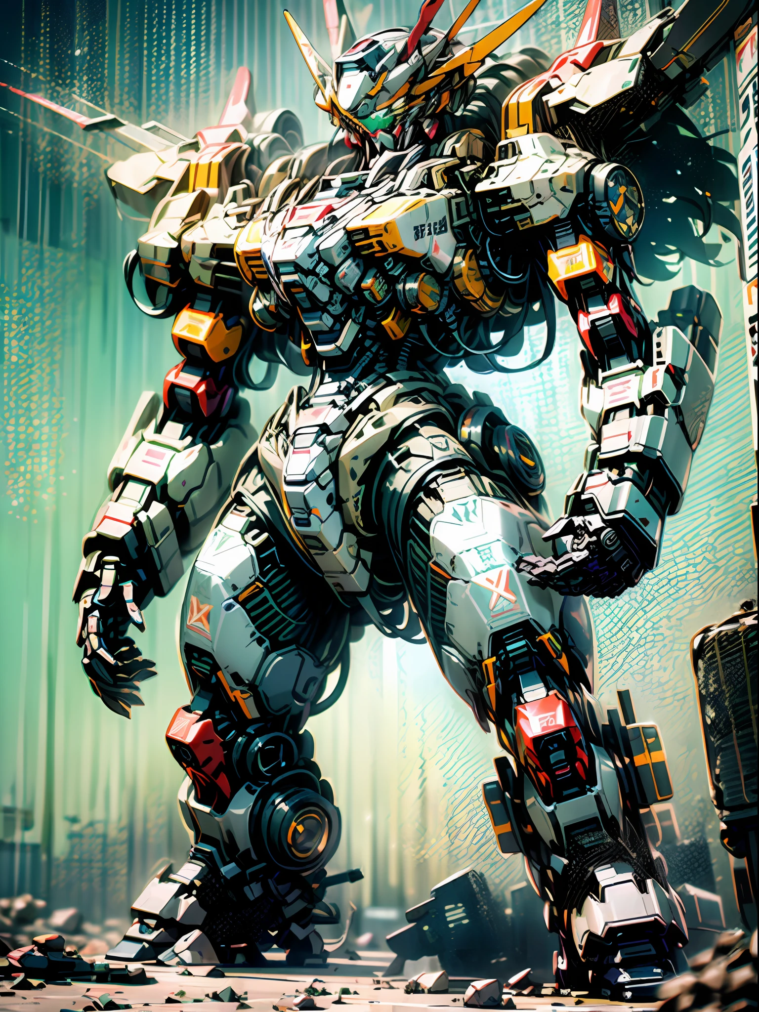 ((Best Quality)), ((Masterpiece)), (Very detailed: 1.3), 8K, cool painting, full of sci-fi atmosphere, black assassin holding two knives stands behind a huge Gundam mech, streamlined black armor with complex weapons and equipment behind it, Gundam humanoid mech, anime mecha aesthetics, perfect body proportions, head-up view, standing posture, military giant mech, missiles, rocks, futuristic technology, realism, dark clouds in the sky, dark war background, ray tracing, light particles, NVIDIA Trtx, Super Resolution, Unreal 5, Subsurface Scattering, Specular and Albedo Maps, Rule of Thirds, Large Aperture, Battle Stance, 8K Raw Data, High Efficiency Subpixels, Subpixel Convolution, Light Particle, Light Scattering, Tyndall Effect, Ray Tracing.