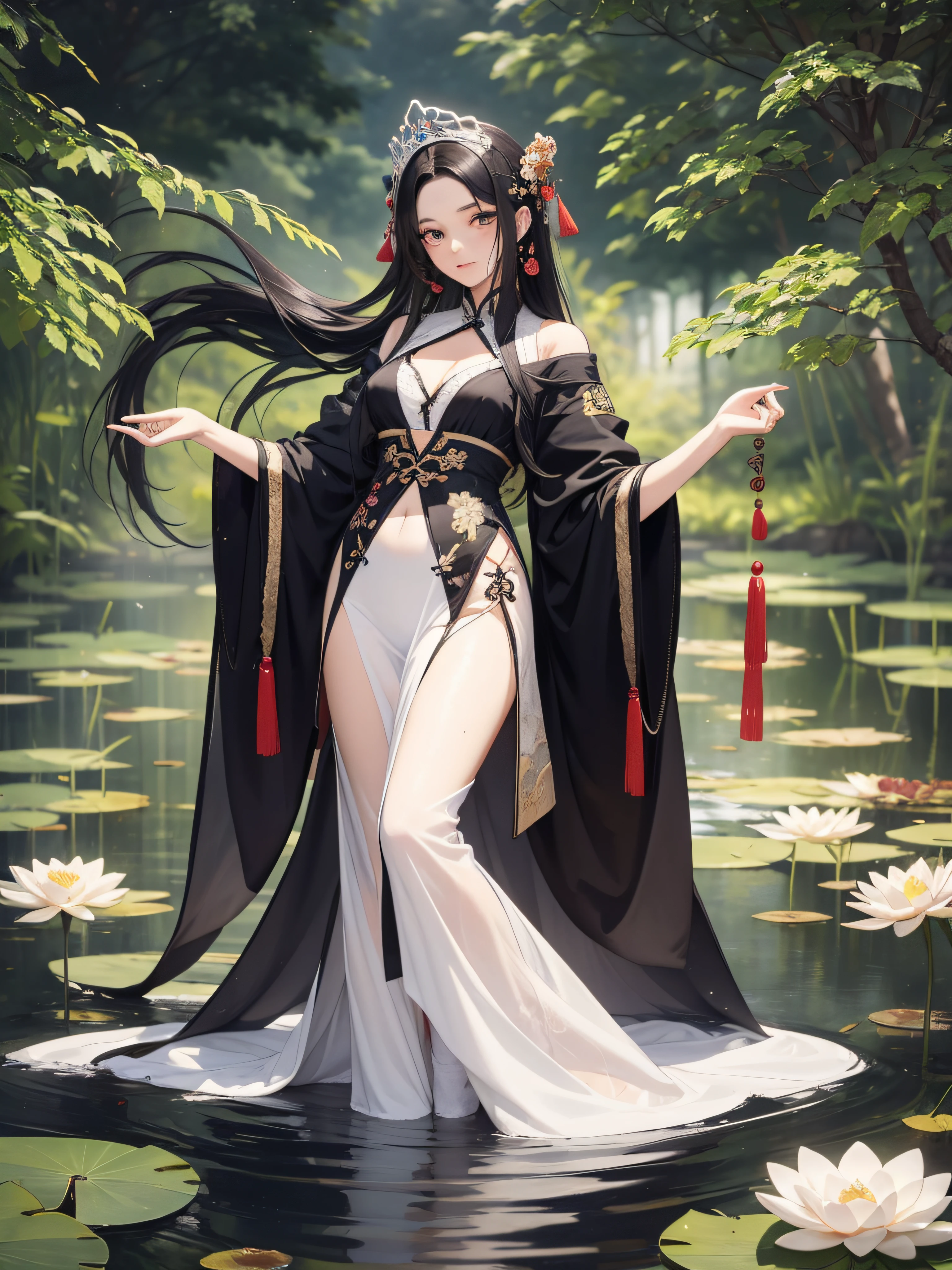 Masterpiece, realistic, beautiful payback princess with ultra-long hair in Chinese style black hair wearing a thin beautiful feather robe in a lotus pond shining in the moonlight, looking down at the viewer with dim eyes, large hair ornament in the shape of a Chinese lotus, 20 years old, dull eyes, photorealistic, ideal hair luster, full body, freckles, black hair fluttering in strong wind