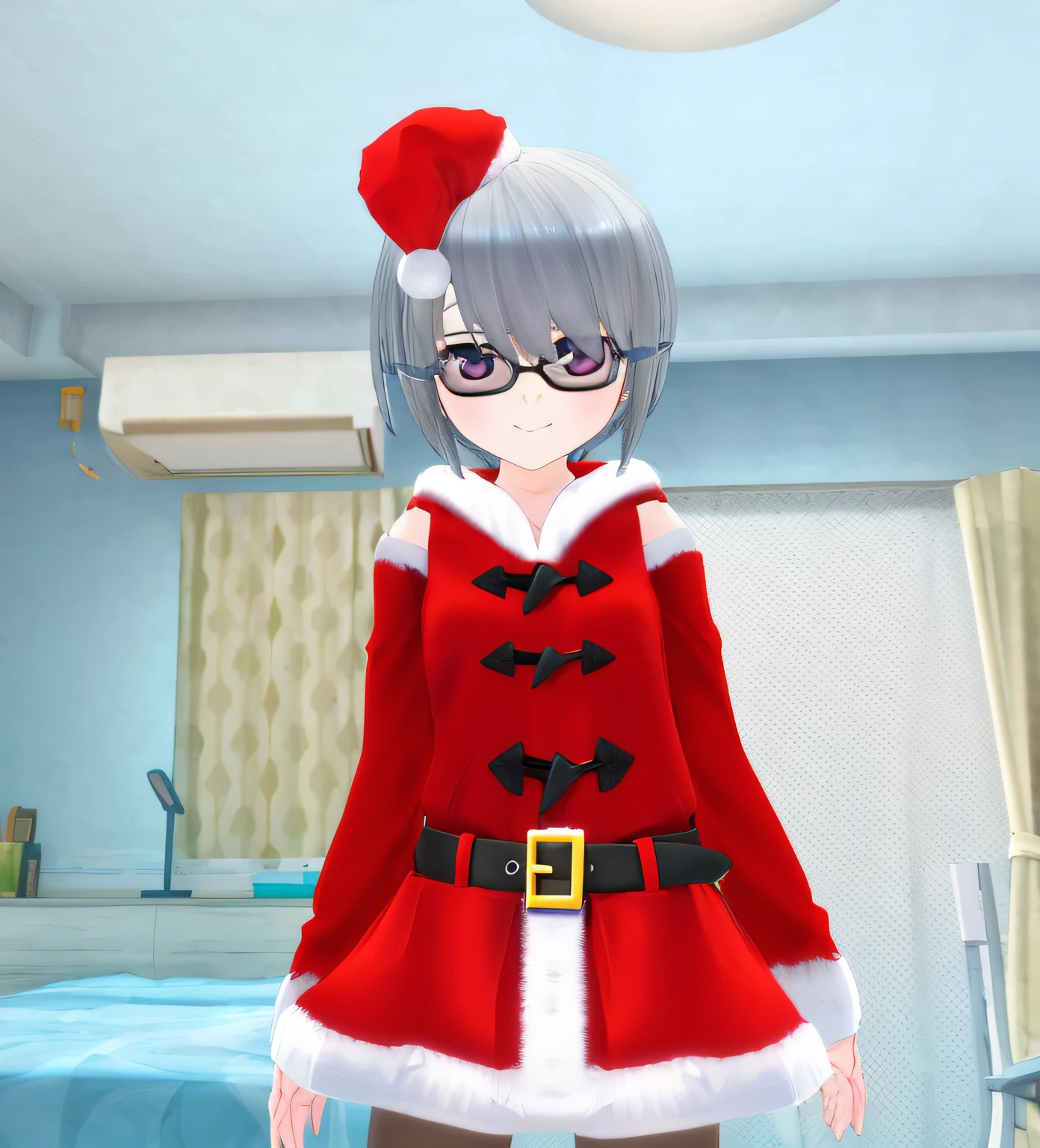 anime girl in santa outfit standing in a room with a bed, in game, cloth sim, in-game, in - game, anime styled 3d, render of a cute 3d anime girl, wearing festive clothing, anime vtuber full body model, nyaruko-san, live2d virtual youtuber model