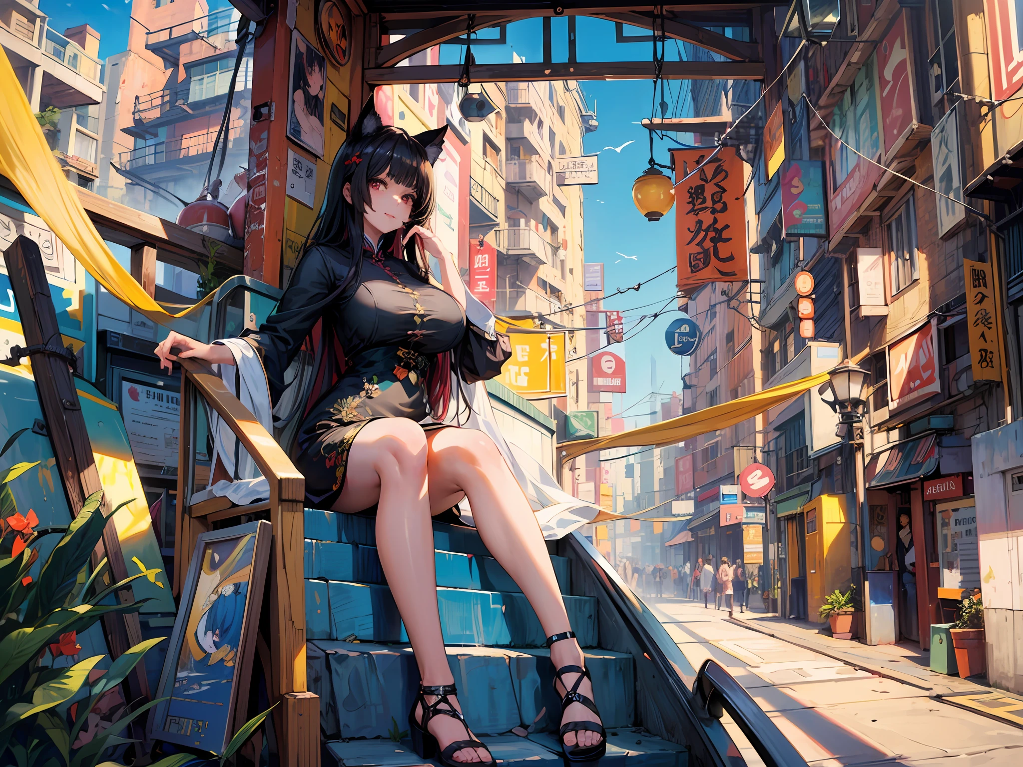 (((masterpiece))), ((best quality)), hyper quality, refined rendering, extremely detailed CG unity 8k wallpaper, highly detailed, (super fine illustration), highres, (ultra-detailed), detailed face, perfect face, pixiv, (extremely delicate and beautiful), stunning art, best aesthetic, pixai, twitter artist, high resolution, fine fabric emphasis, UHD, 1girl, solo, full body, beautiful breasts, 1 cute girl with cat ear and cat tail, female, young, 20 years old, very long hair, dark hair, shiny hair, detailed beautiful face, smile, beautiful detailed eyes, cat_ears, (huge_breasts), red eyes, dark_skin, green Qipao, J-cup brests, kawaii, blue sky, strike pose,(perfect hands)