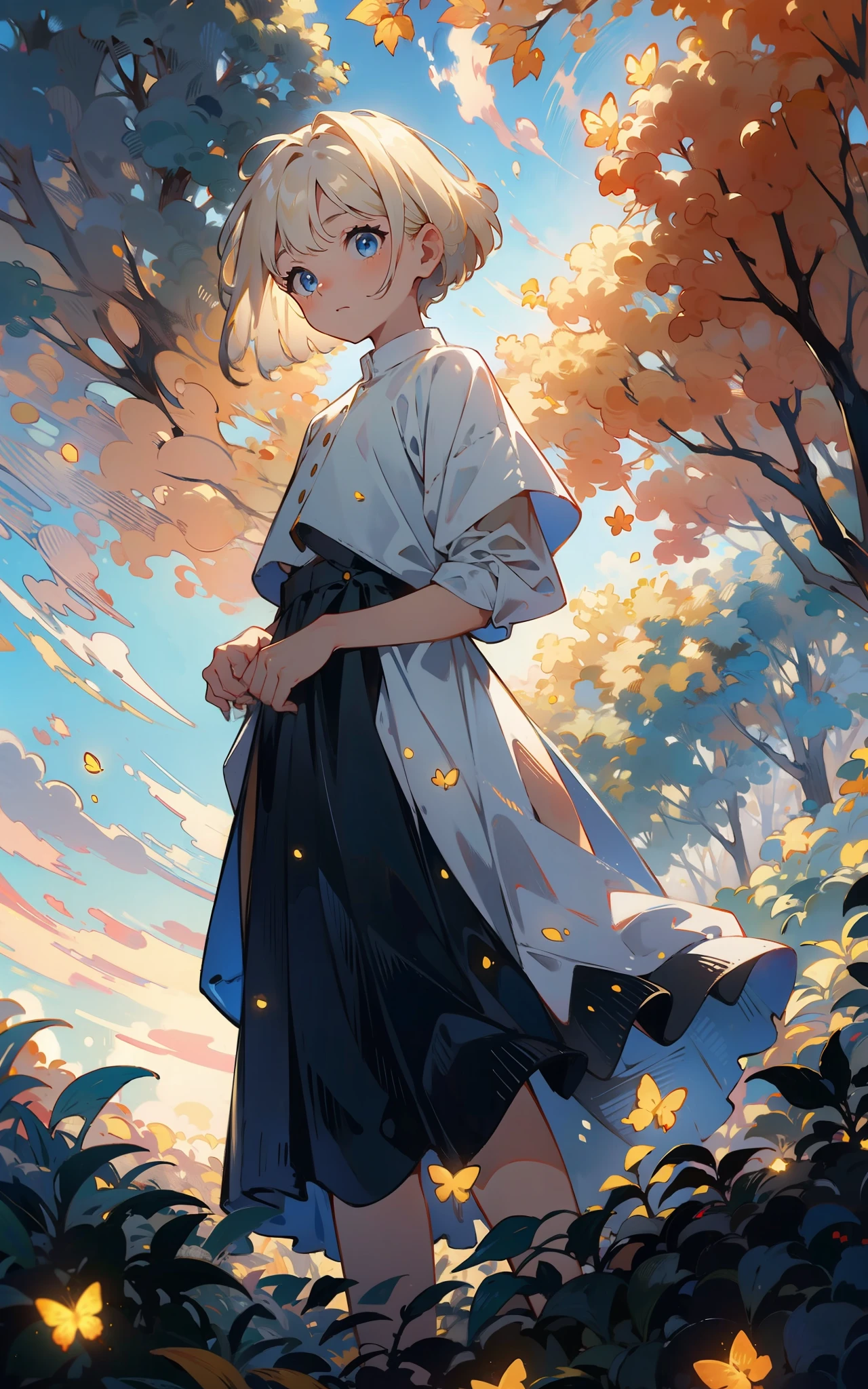 Mystical fog,masterpiece,best quality,HDR.UHD.4K,8K,64K,Highly detailed,ultra-finepainting,extreme detail description,Professional, 1boy, volumetric light, platinum blonde hair, bob cut, butterfly, best quality, illustration, beautiful detailed eyes, blue eyes, pose, white costume, In forests with autumn leaves, standing, from below,