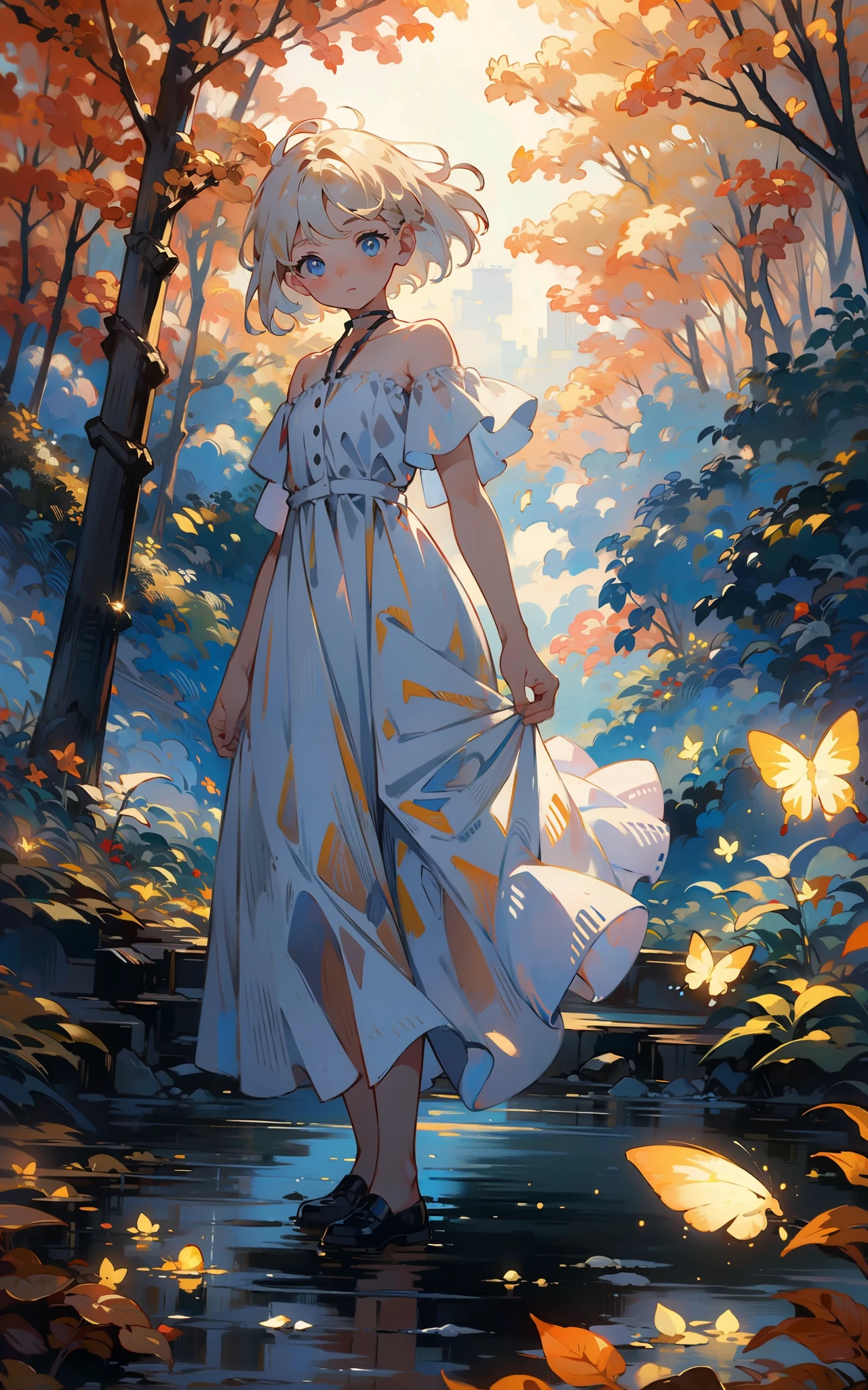 Mystical fog,masterpiece,best quality,HDR.UHD.4K,8K,64K,Highly detailed,ultra-finepainting,extreme detail description,Professional, 1boy, volumetric light, platinum blonde hair, bob cut, butterfly, best quality, illustration, beautiful detailed eyes, blue eyes, pose, white costume, In forests with autumn leaves, standing, from below,