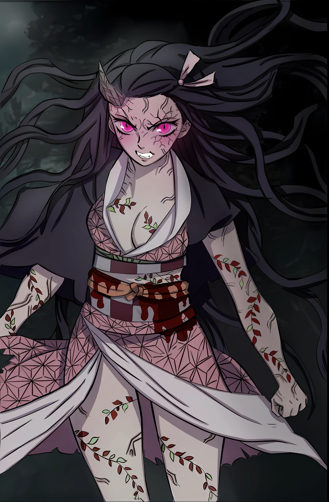 a woman with a tattoo on her chest and a belt around her waist, nezuko, nezuko-chan, demon slayer artstyle, demon slayer rui fanart, yandere intricate, anime character, revealing, no bikini, vaginal discharge, saliva comes out