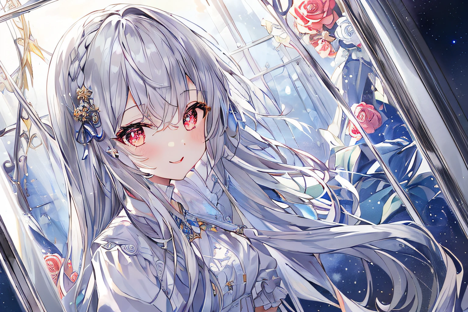 1girl, full body, denim photo, (Rembrandt), illustration, (masterpiece), (best quality), (ultra_detailed), finely detail, (Depth of field), , glove, long hair, star\ (symbol\), looking at viewer, (silver hair:1.2), red eyes, upper body, hair ornament, :p, frills, pink shirt, smile, sleeveless, shirt, idol, symbol-shaped pupils, hands up, brags smile, sleeveless, shirt, idol, symbol-shaped pupil, bangs, side up, star-shaped pupils, arms up, skirt pulling, roaring twenties, isometric, From above, the sky, the flowers, the cliffs,