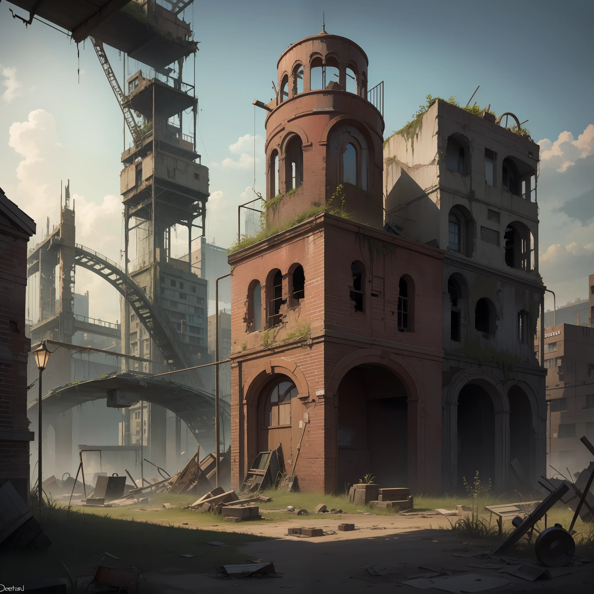 Abandoned steampunk city, decaying, ruin, rust