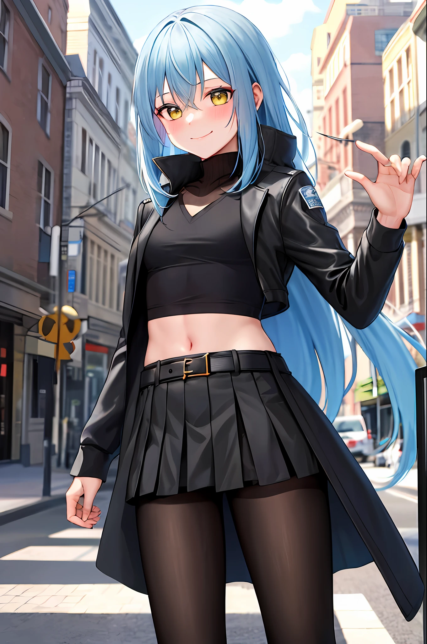 masterpiece, best quality, highres, rimuru tempest, blue hair, long hair, medium breasts, black jacket, modern crop top, v neck shirt, black long jacket, black long coat cleveage, show stomach, belt, pleated skirt, cowboy shot, standing, looking at viewer, city road, outdoor, modern city road, blush, shy, smile, closed mouth,