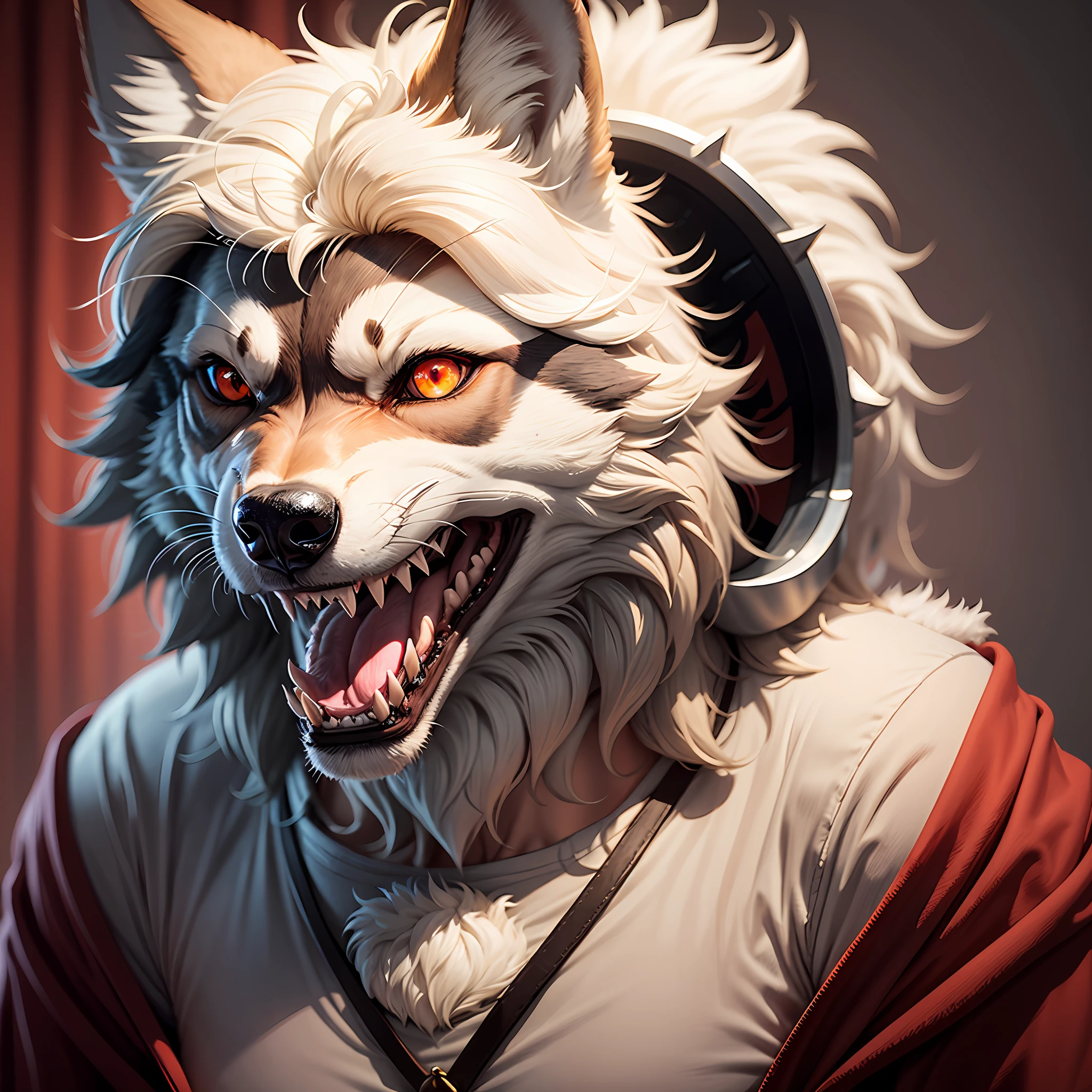 wolf inside a sheep costume sitting removing the head of the costume and showing his face with a big smile and sharp teeth and an evil look totally red eyes, all in a cartoon drawn style --auto