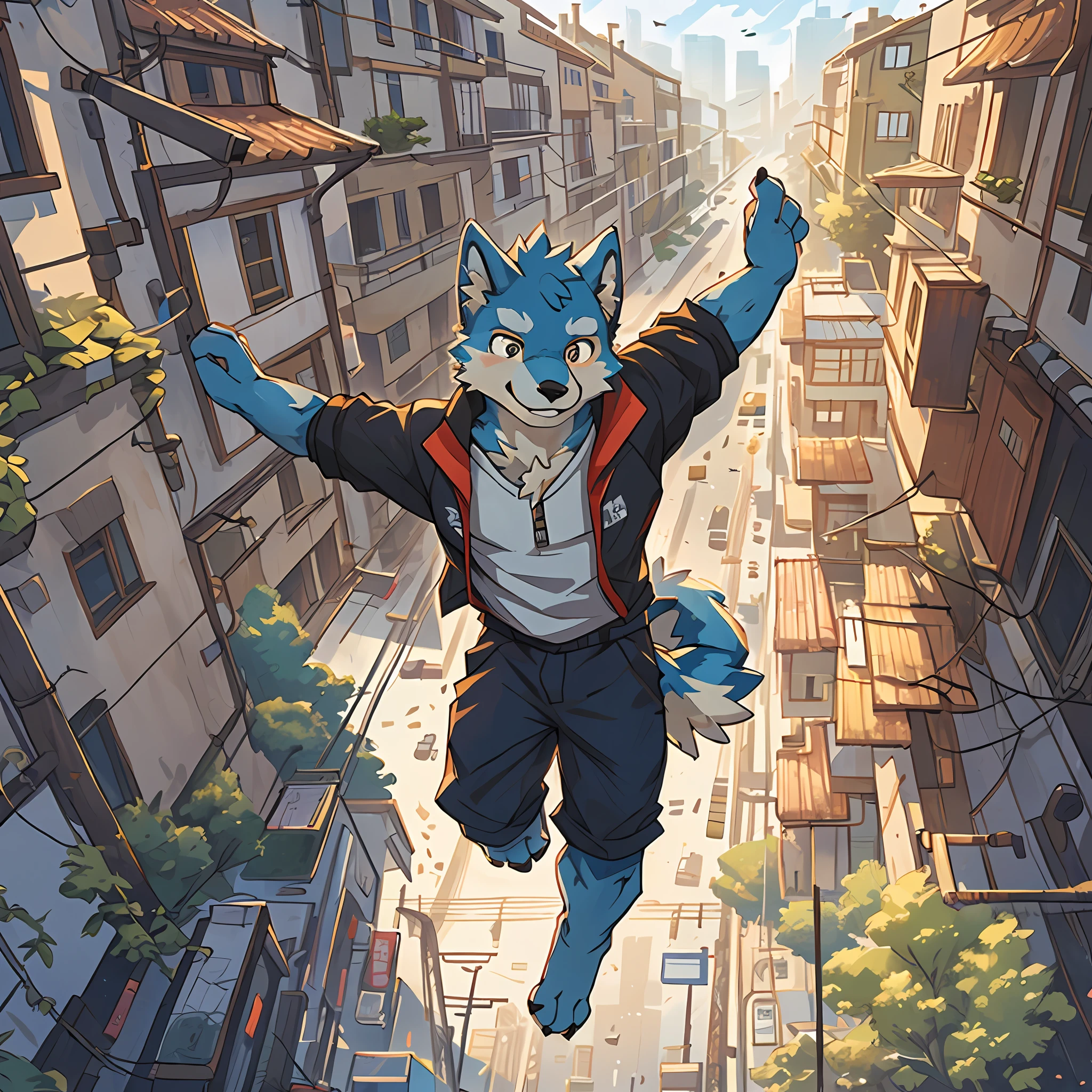 top quality, best quality, High-quality illustrations, masterpiece, super high resolution, detailed background, cityscape(highly detailed beautiful face and eyes)absurdres, perfect anatomy(cute 1girl, kemono, solo focus)(furry)(furry anthro:1.7)(Furry body, dog facial features, dog body features)(very detailed body fur)inappropriate smile, full body, jumping, Parkour, Acrobat, bird’s eye view,