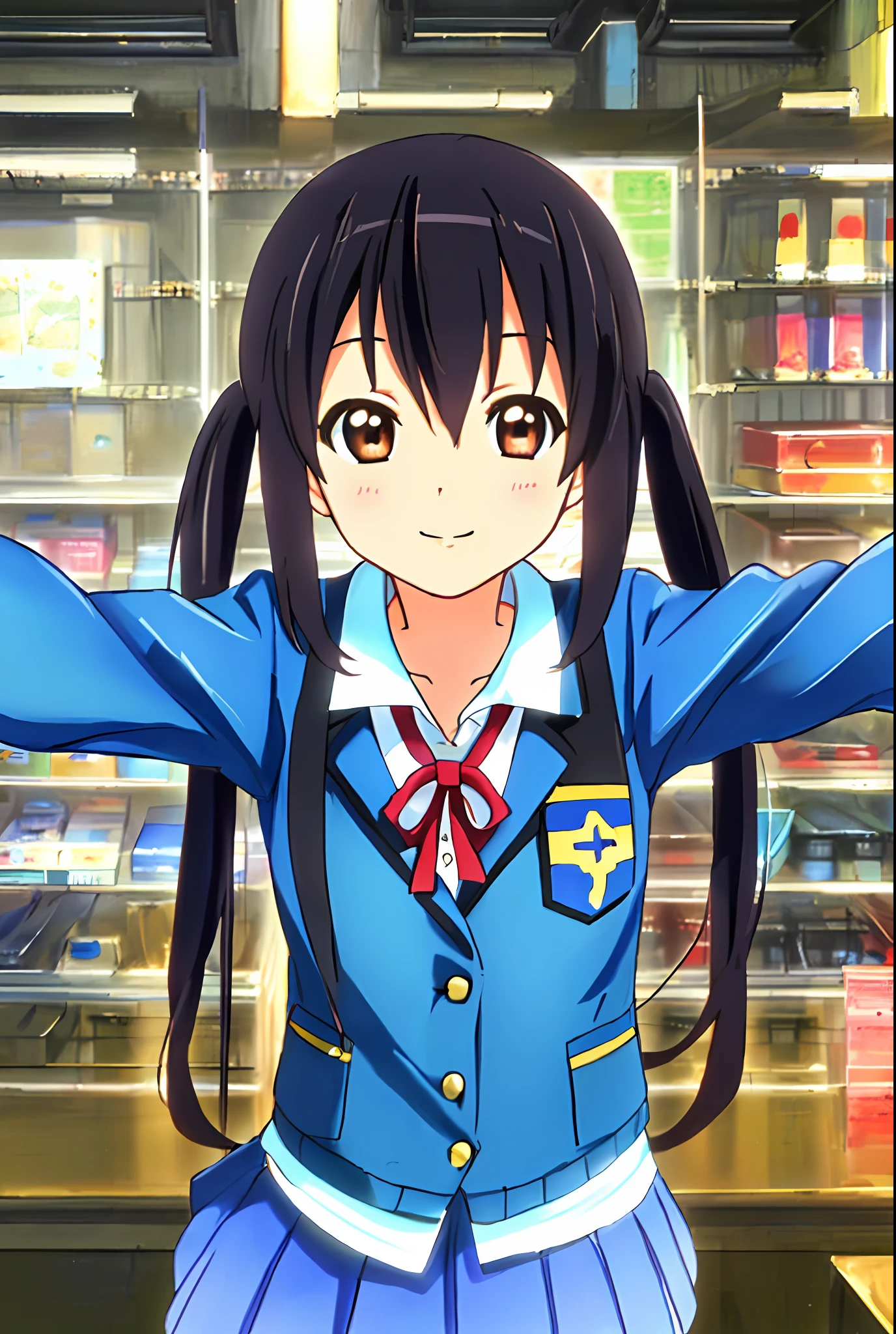 1girl, ((((Masterpiece))), Best Quality, Best Quality, High Detail, Azusa Nakano, 1girl, Sakuragaoka High School Uniform, Musical Instrument, School Uniform, Twin Tails, Long Hair, Black Hair, Brown Eyes, Solo, Red, Dark blue blazer with a thin ribbon of red, Solid white button shirt under blazer, Illustration, Cartoon, Soothing tones, Muted colors, Soft cinematic light, Adobe Lightroom, Photo Lab, HDR, complex and highly detailed, (((depth of field))))). (((Masterpiece))). (((highest quality))).) ((super detail))). (((Illustration))). (((Arms outstretched))). (((Proud))). ((((Gentle smile))).