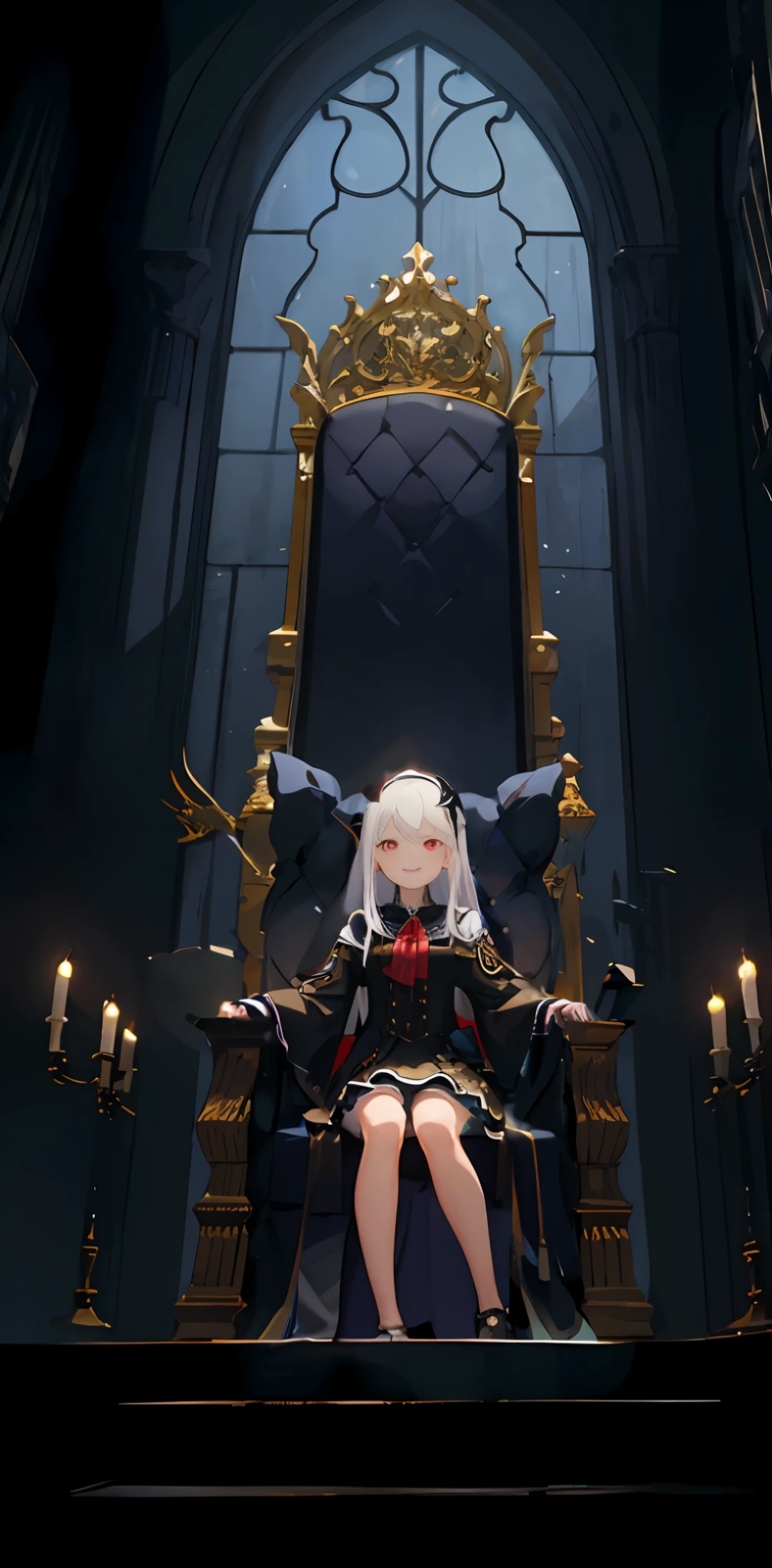 Master masterpiece, of the highest quality, depicted in detail, sitting on her throne, loli, white hair, bangs, light skin, gothic skirt, noble, cute, red eyes, solo, looking down, sitting, blood, proud smile, from the maiden front, Guvez style